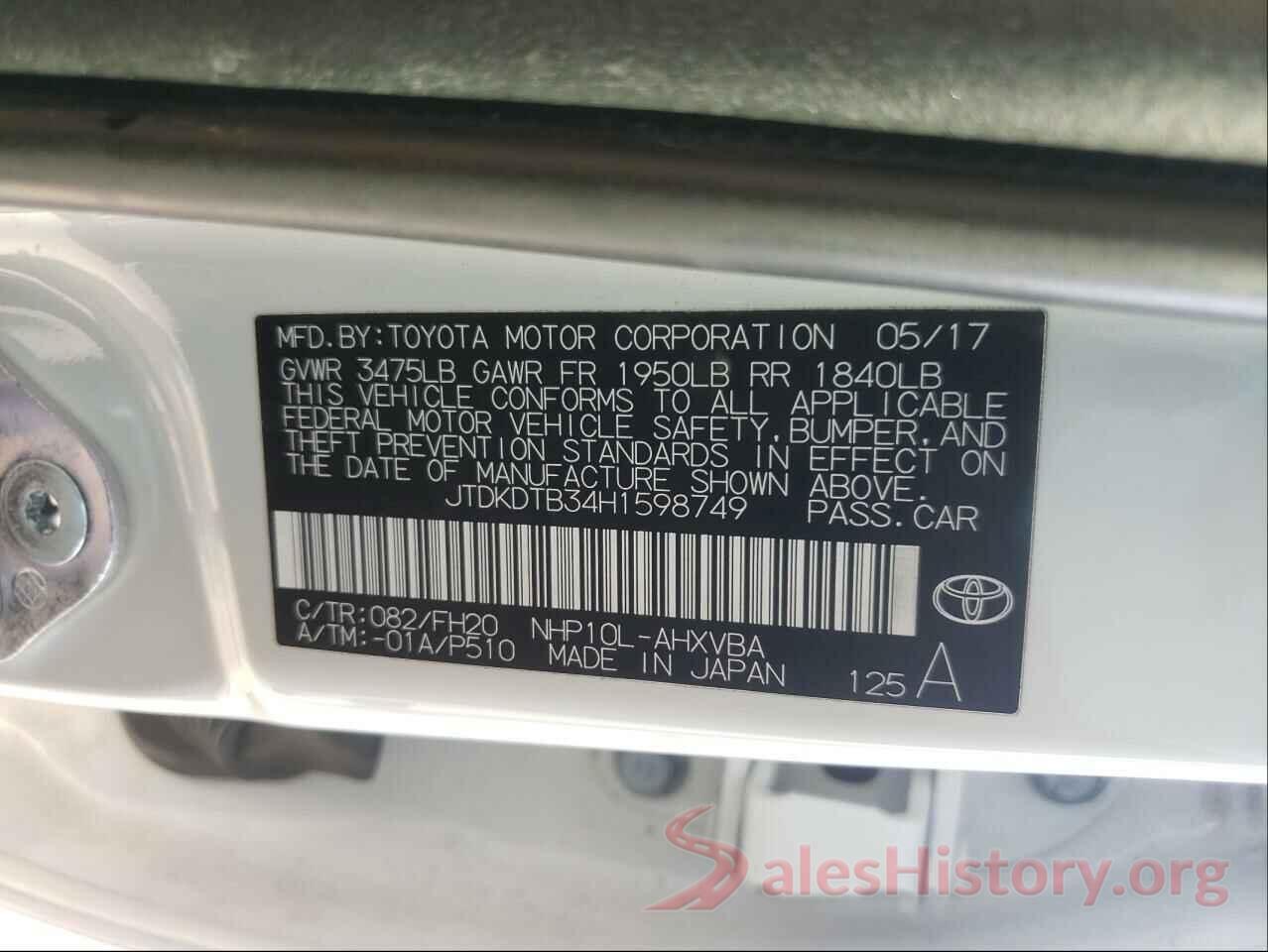 JTDKDTB34H1598749 2017 TOYOTA PRIUS