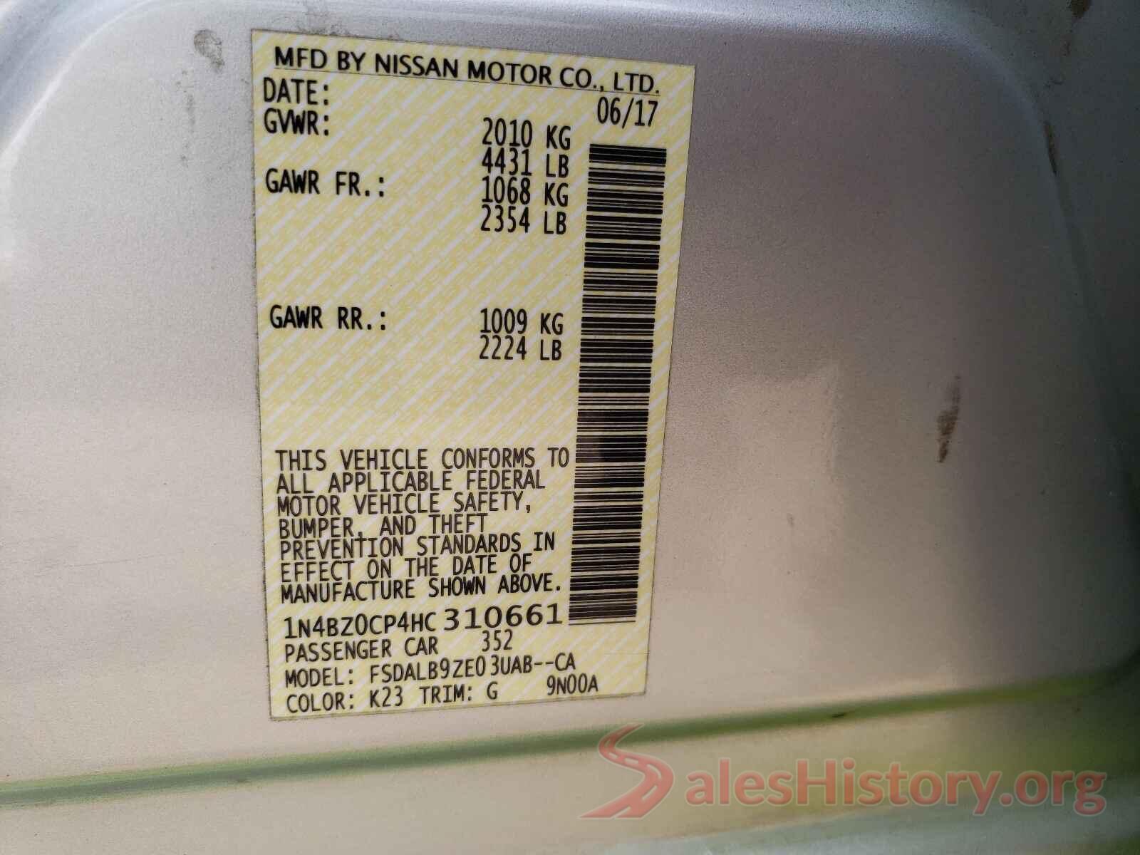 1N4BZ0CP4HC310661 2017 NISSAN LEAF