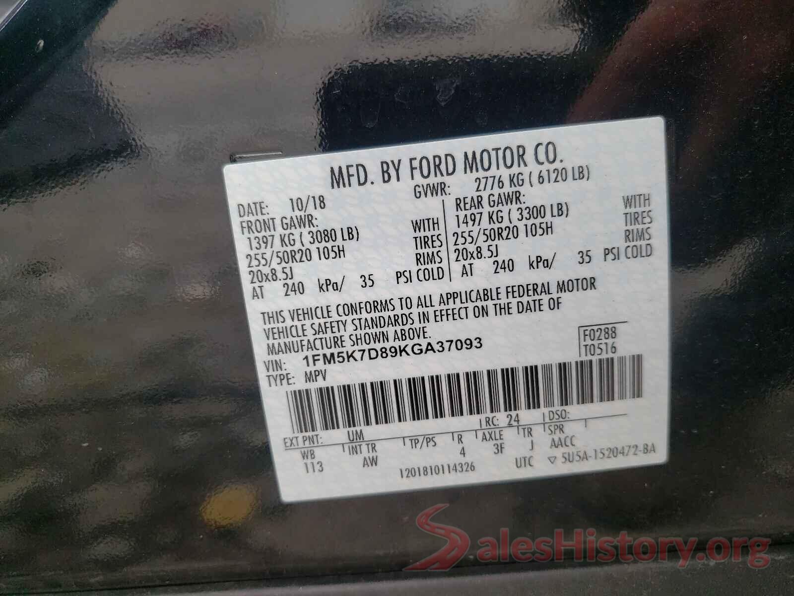 1FM5K7D89KGA37093 2019 FORD EXPLORER