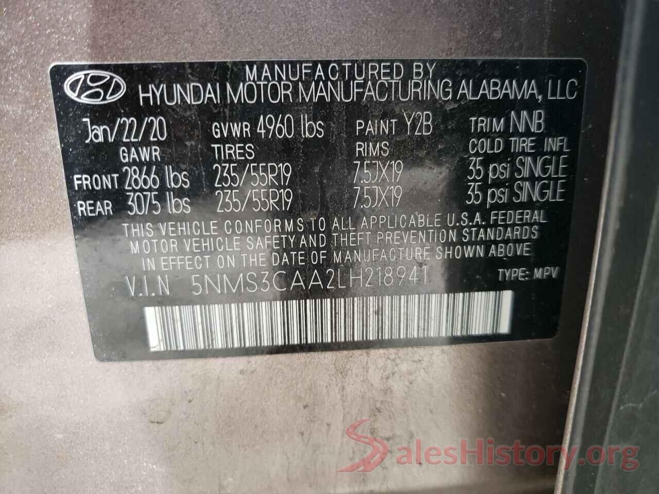 5NMS3CAA2LH218941 2020 HYUNDAI SANTA FE