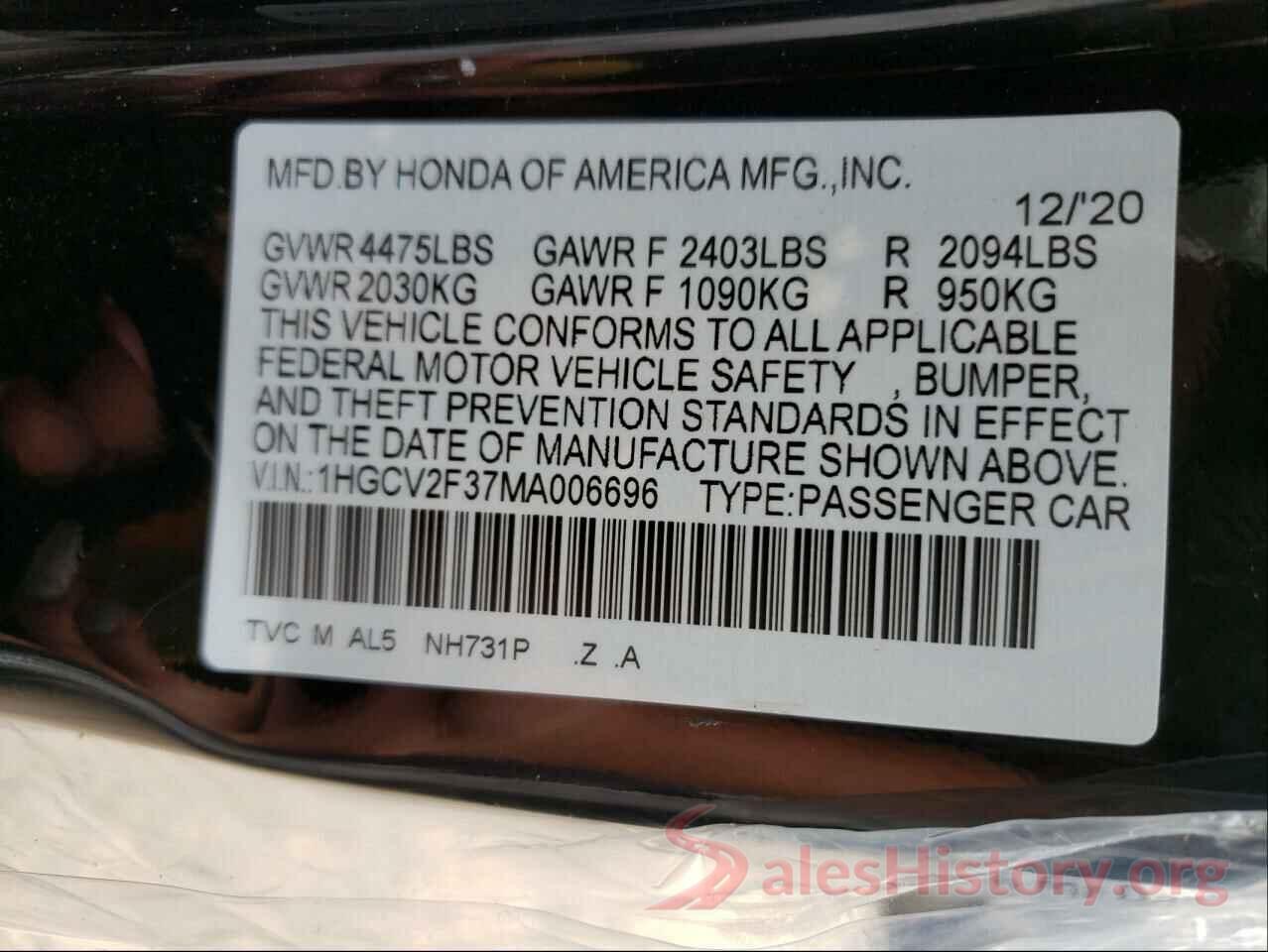 1HGCV2F37MA006696 2021 HONDA ACCORD