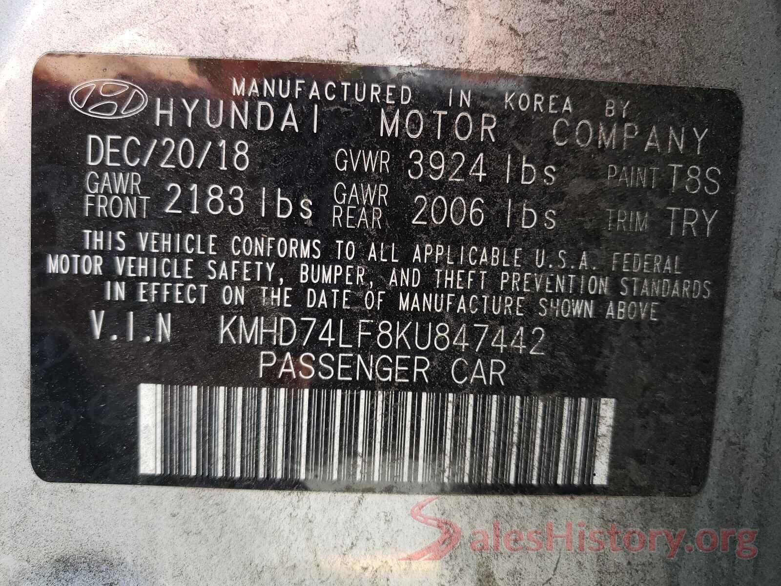 KMHD74LF8KU847442 2019 HYUNDAI ELANTRA