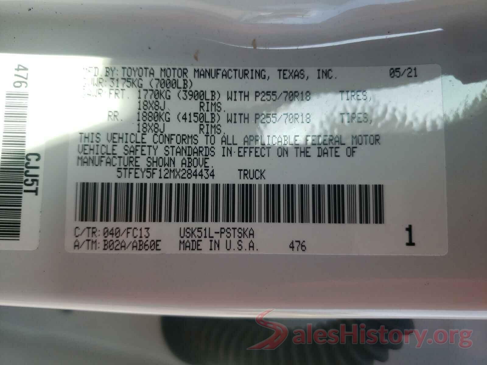 5TFEY5F12MX284434 2021 TOYOTA TUNDRA