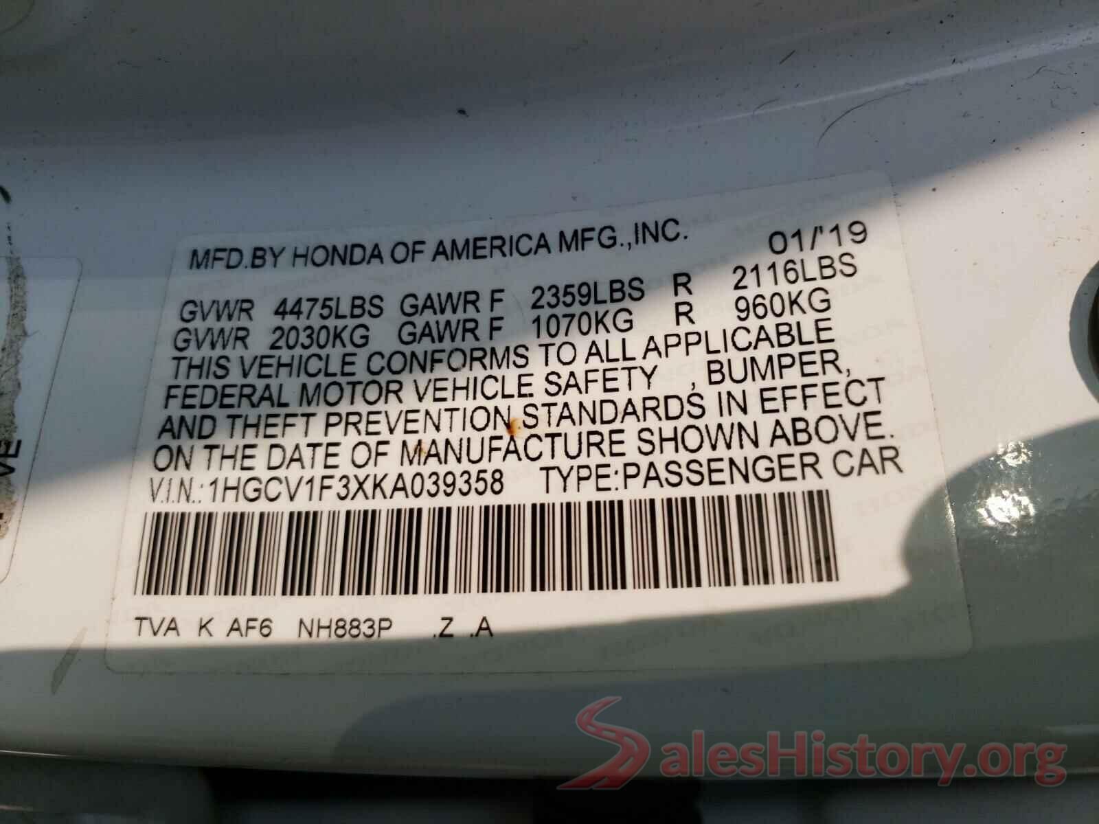 1HGCV1F3XKA039358 2019 HONDA ACCORD