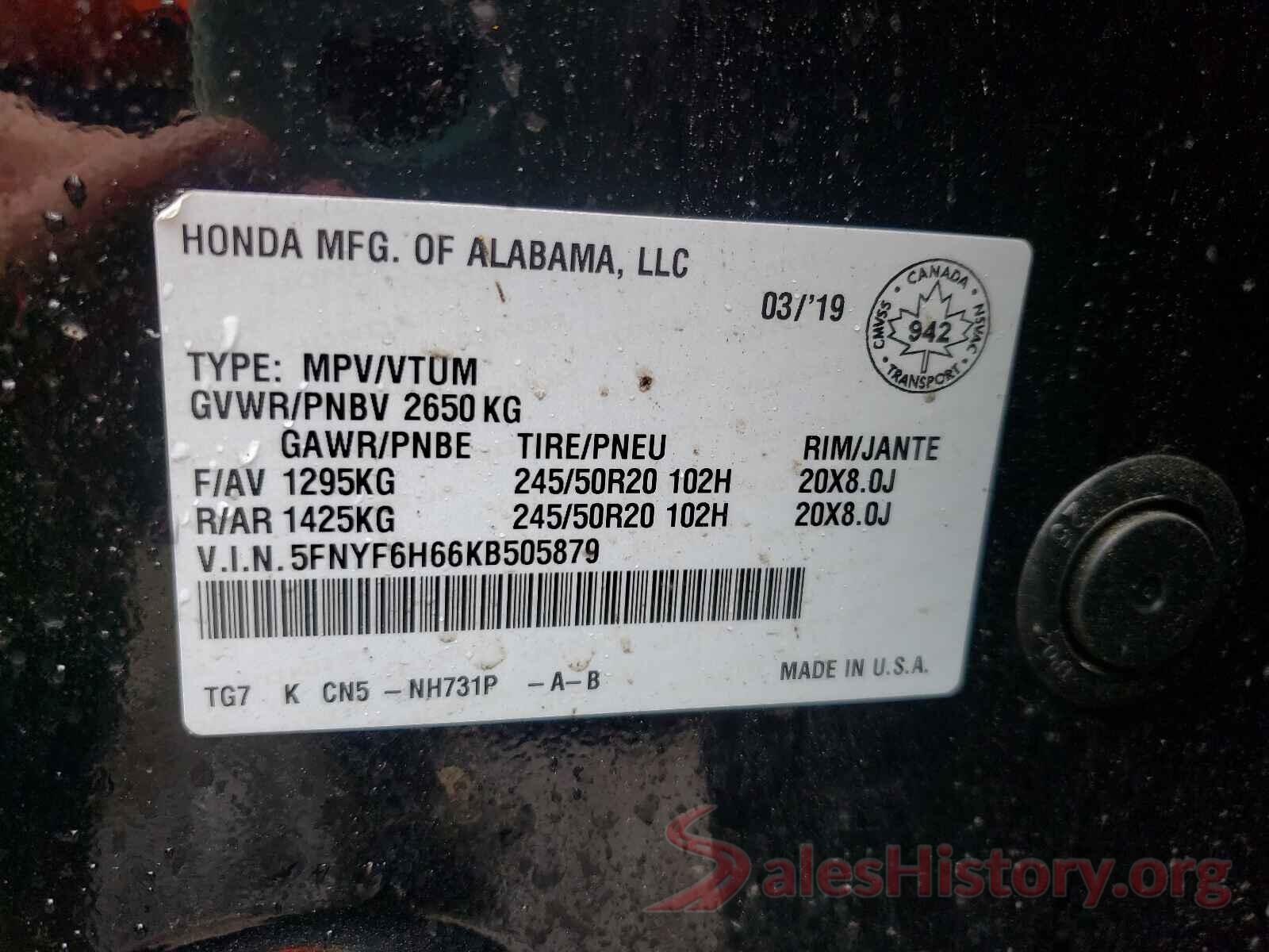 5FNYF6H66KB505879 2019 HONDA PILOT