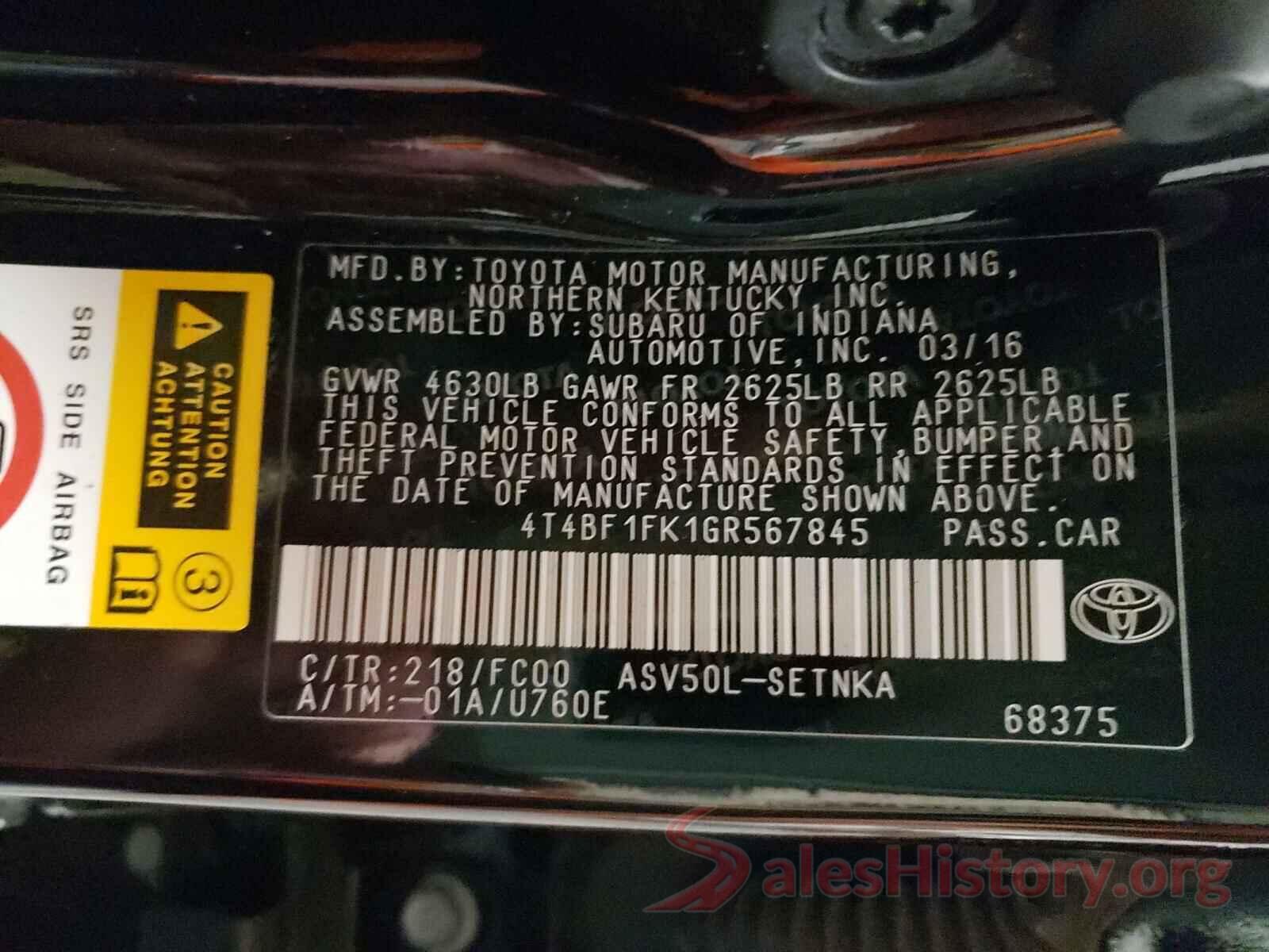 4T4BF1FK1GR567845 2016 TOYOTA CAMRY