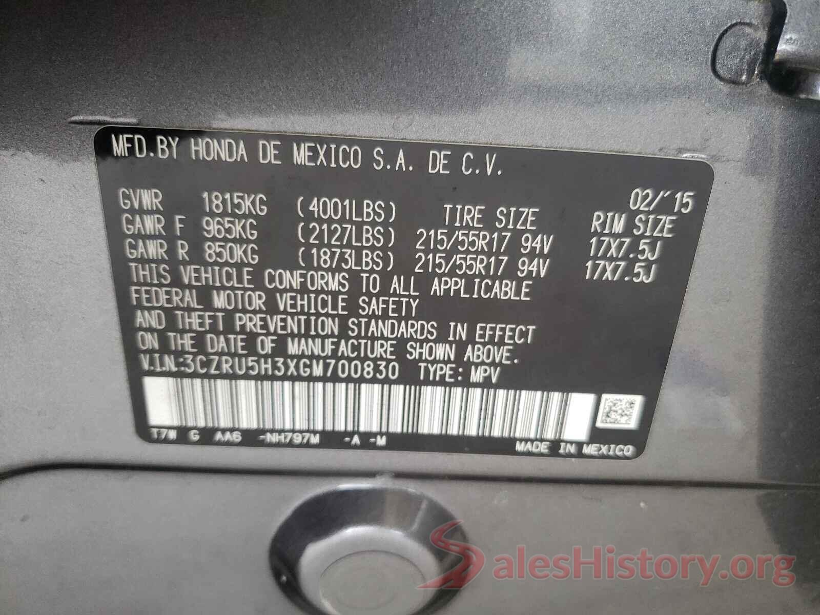 3CZRU5H3XGM700830 2016 HONDA HR-V