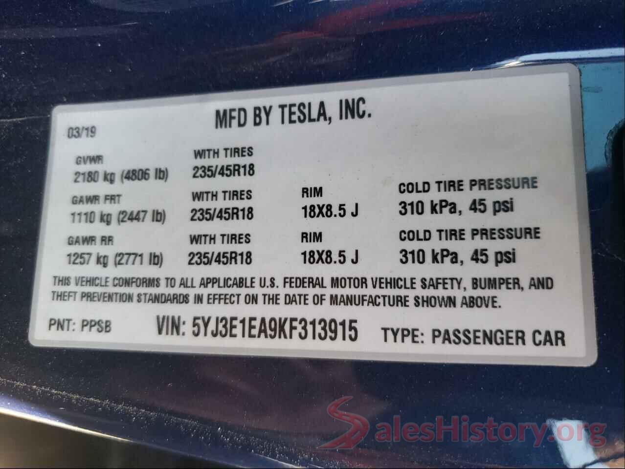 5YJ3E1EA9KF313915 2019 TESLA MODEL 3