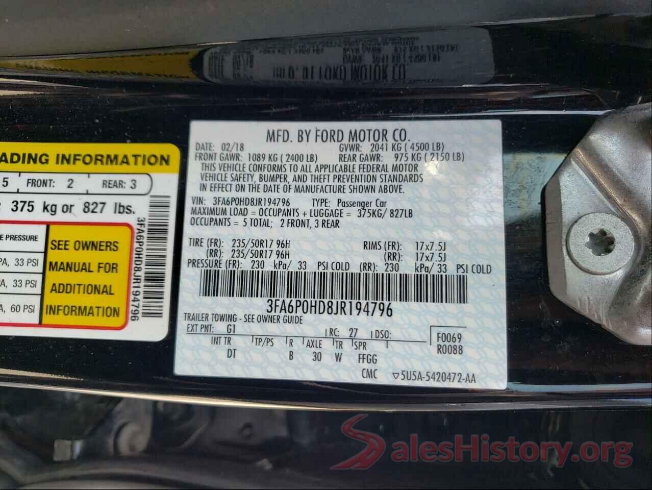 3FA6P0HD8JR194796 2018 FORD FUSION