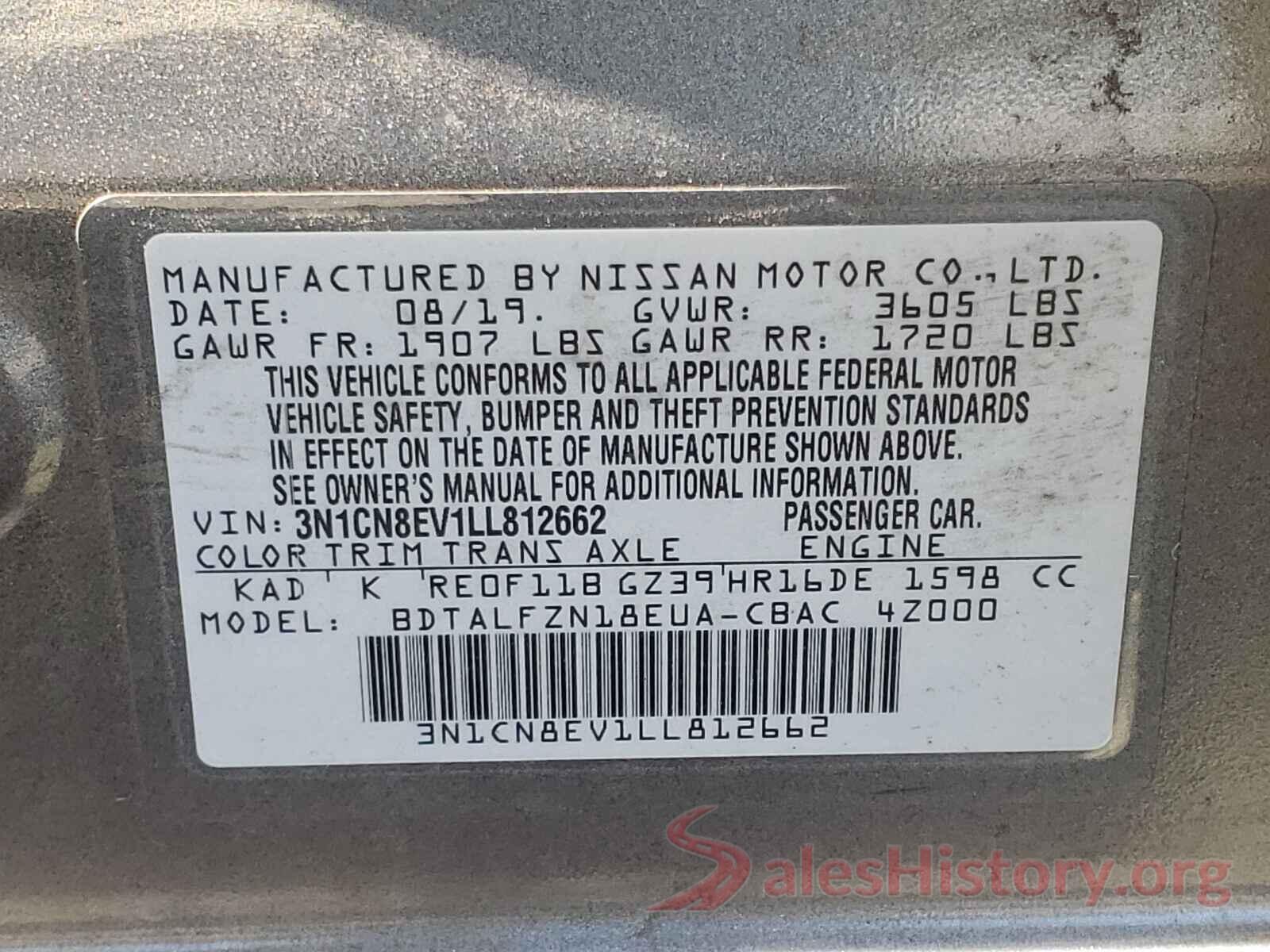 3N1CN8EV1LL812662 2020 NISSAN VERSA