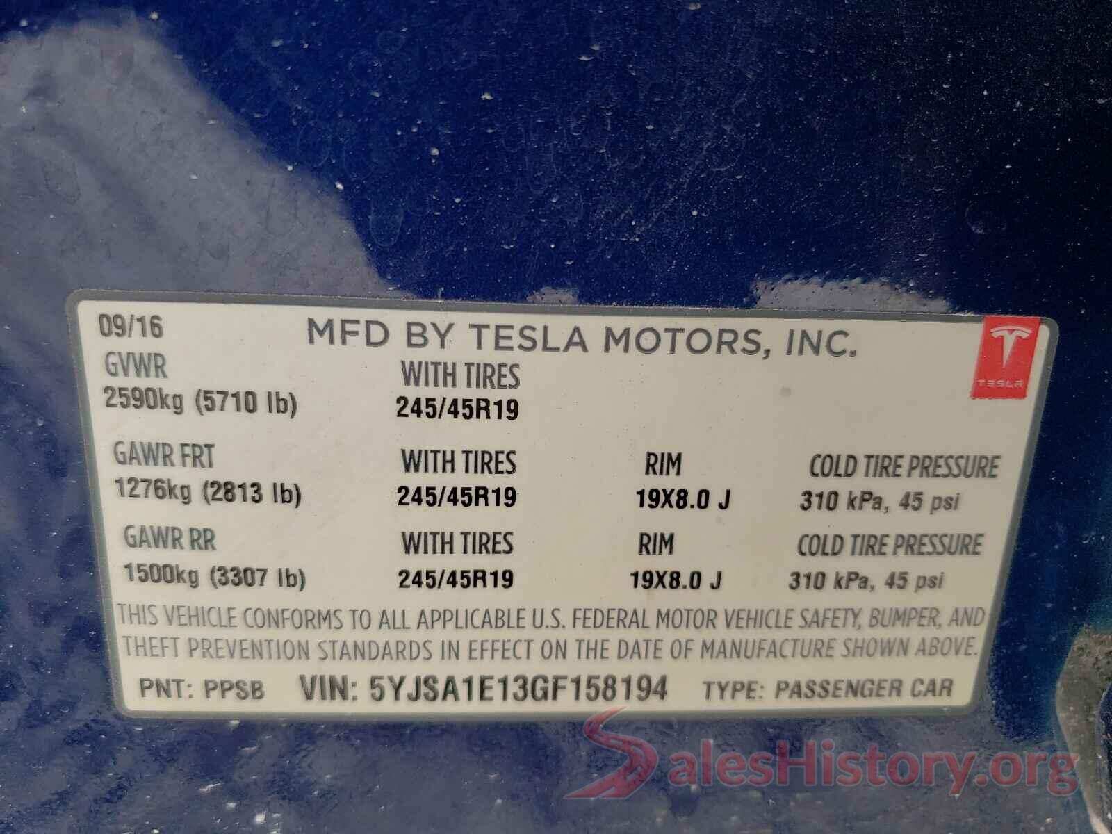 5YJSA1E13GF158194 2016 TESLA MODEL S