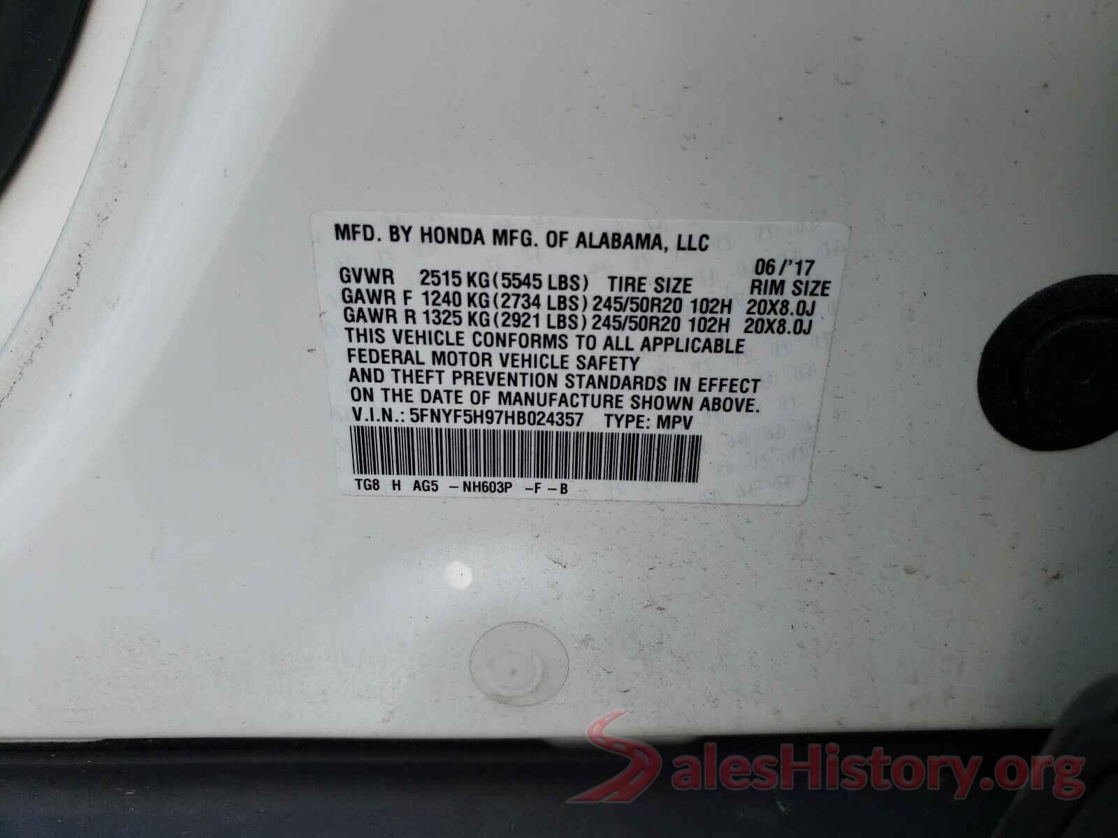 5FNYF5H97HB024357 2017 HONDA PILOT