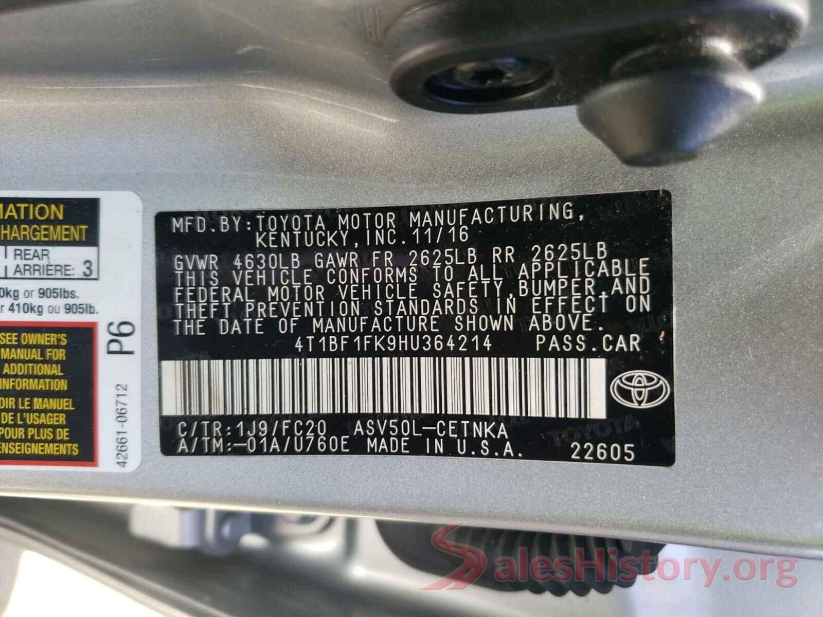 4T1BF1FK9HU364214 2017 TOYOTA CAMRY