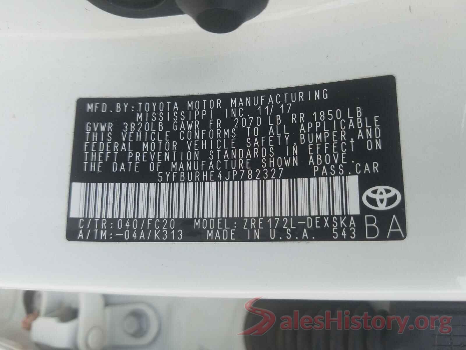 5YFBURHE4JP782327 2018 TOYOTA COROLLA