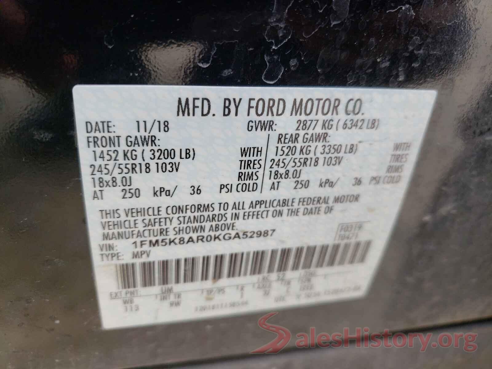 1FM5K8AR0KGA52987 2019 FORD EXPLORER