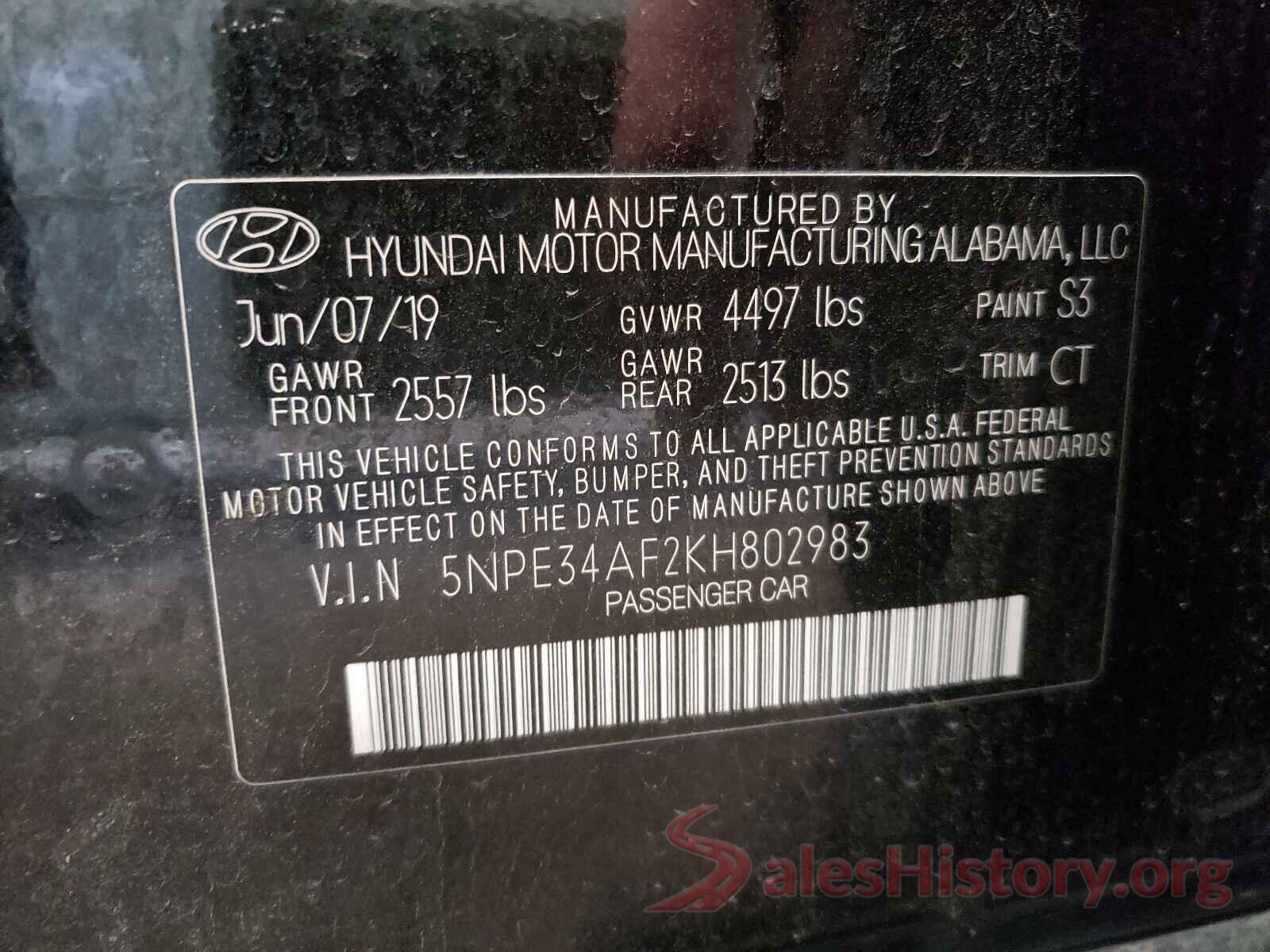 5NPE34AF2KH802983 2019 HYUNDAI SONATA