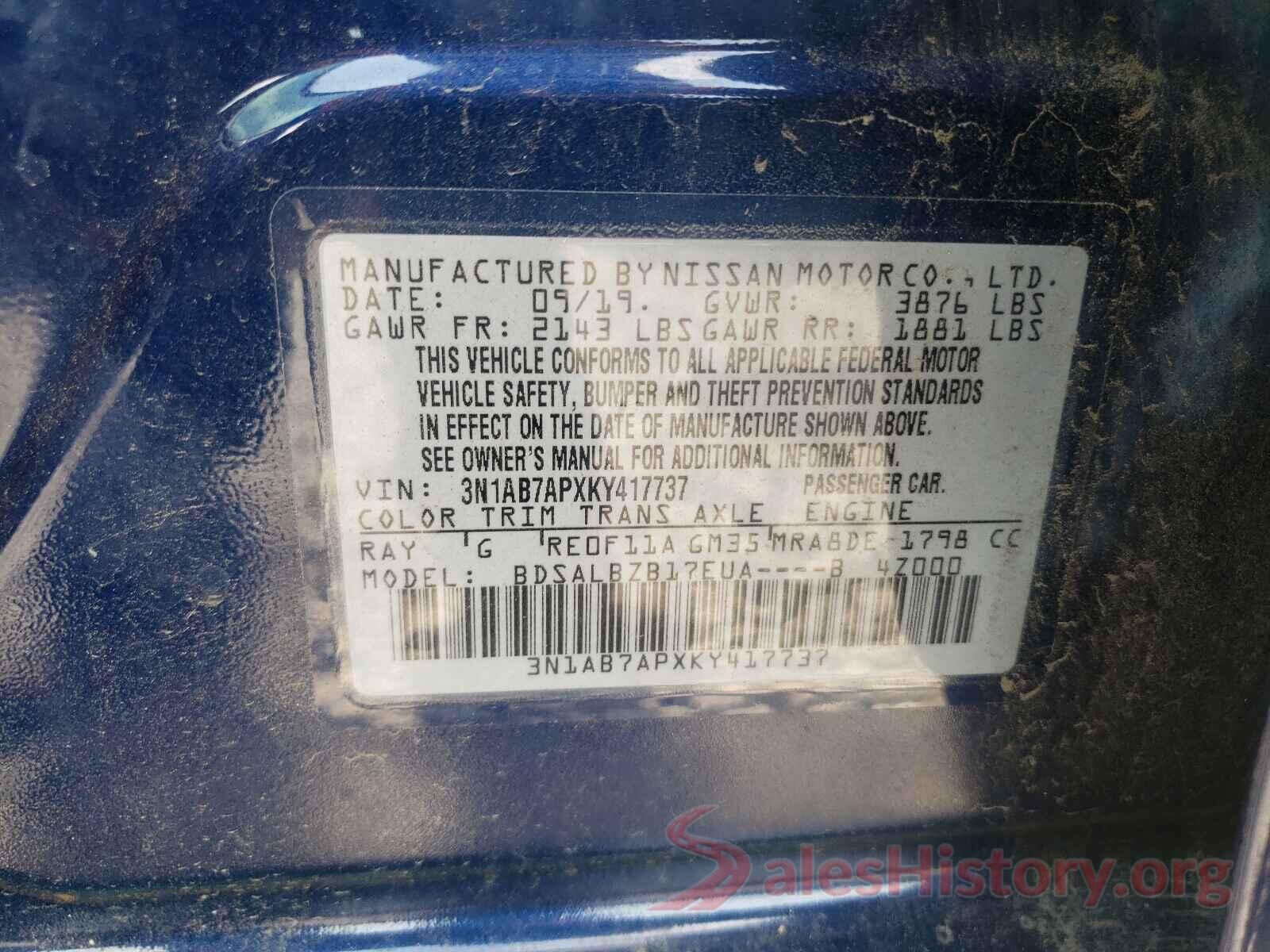 3N1AB7APXKY417737 2019 NISSAN SENTRA