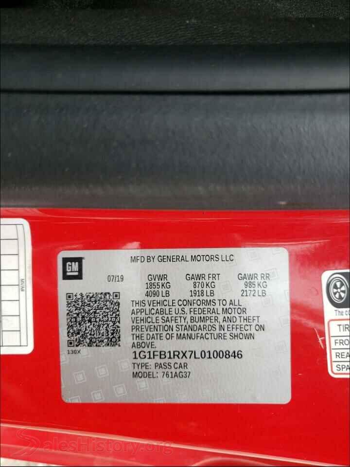 2020 CHEVROLET CAMARO VIN 1G1FB1RX7L0100846, odometer mileage