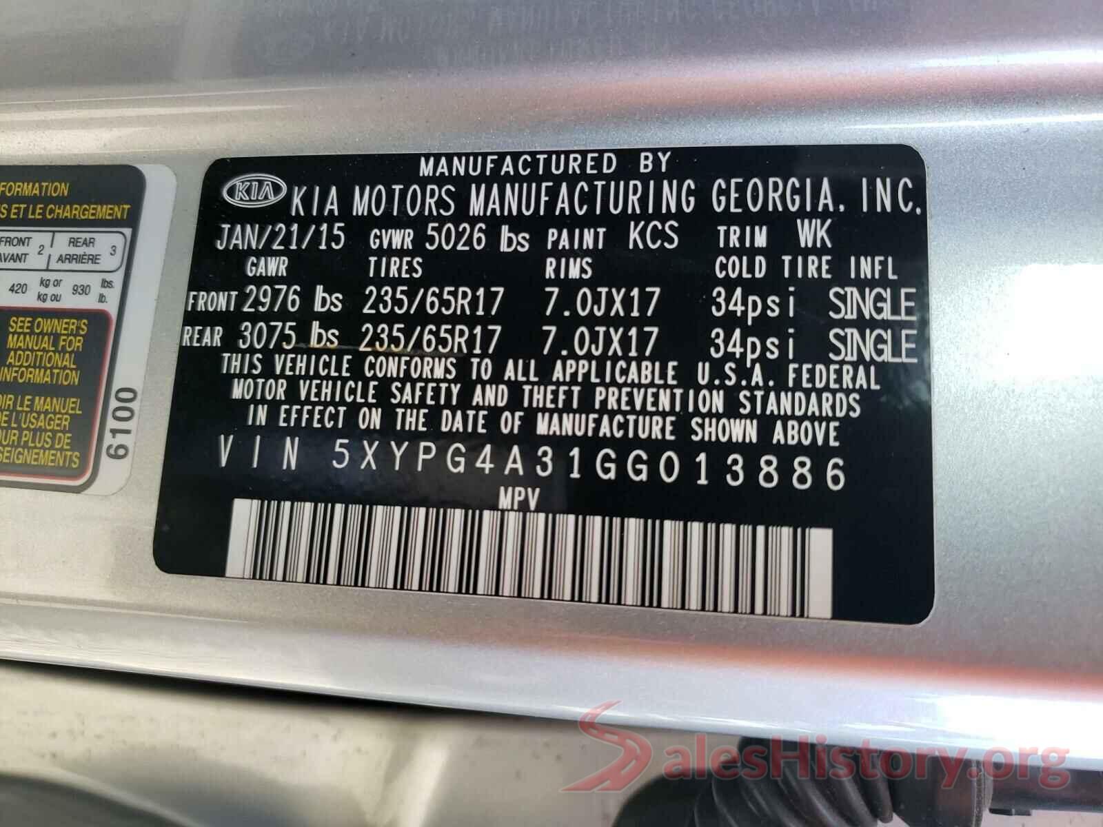 5XYPG4A31GG013886 2016 KIA SORENTO