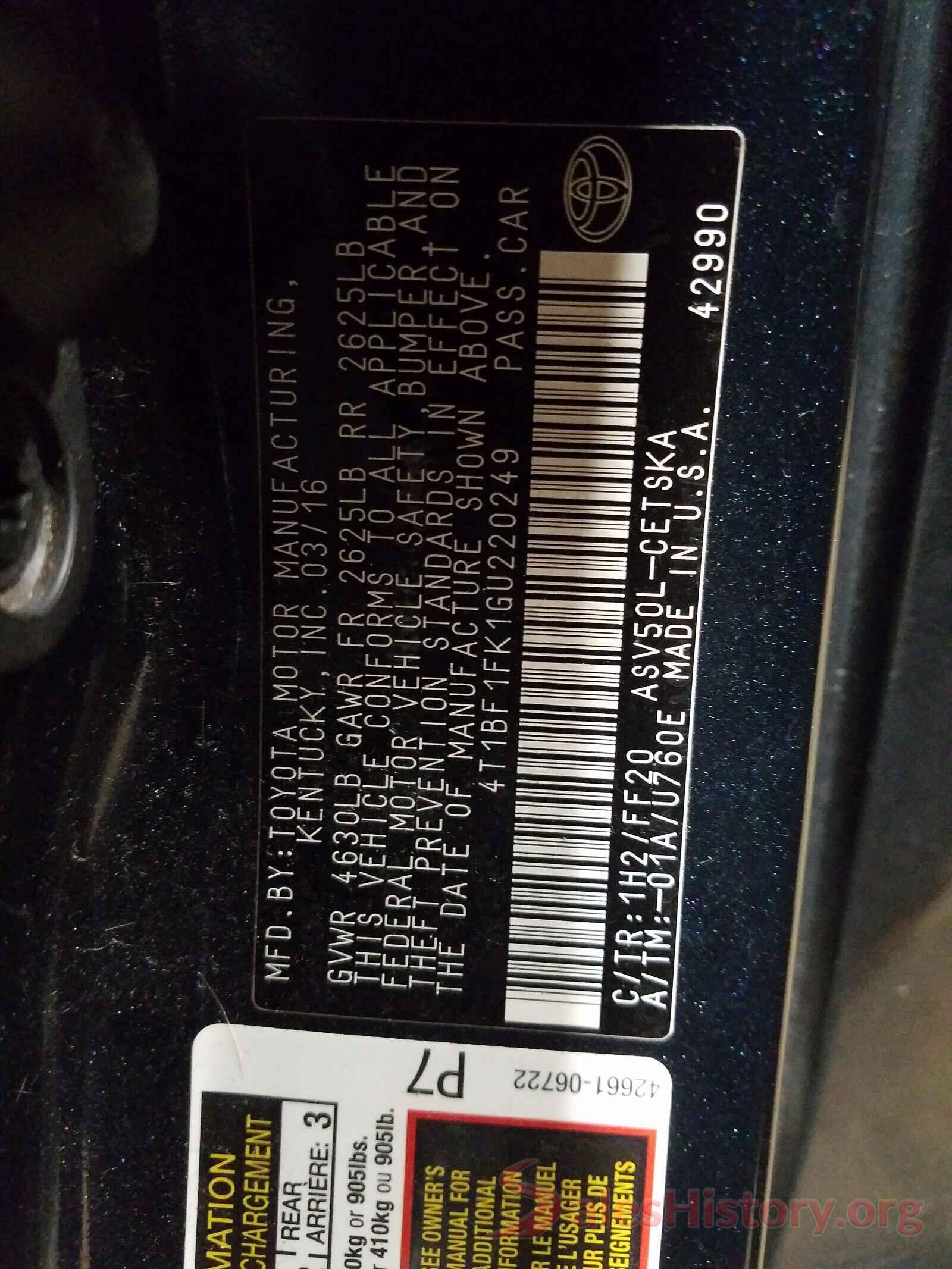 4T1BF1FK1GU220249 2016 TOYOTA CAMRY