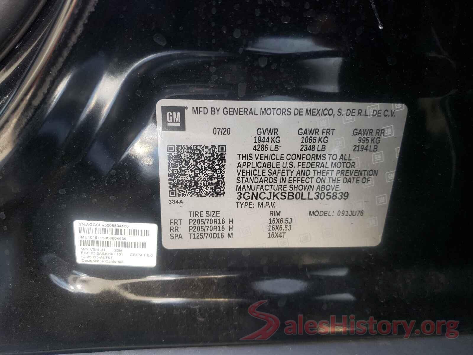 3GNCJKSB0LL305839 2020 CHEVROLET TRAX