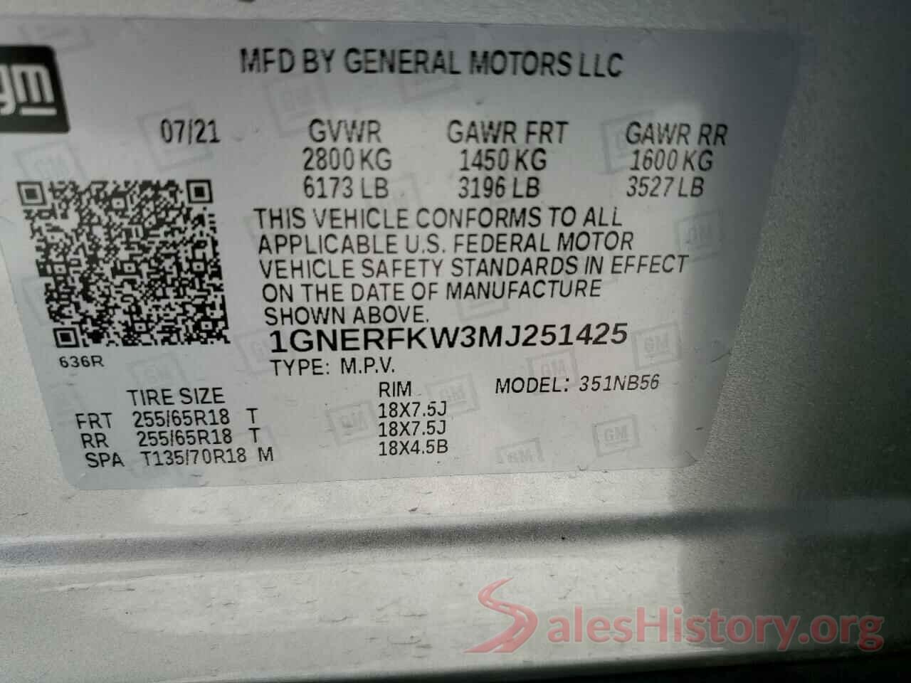 1GNERFKW3MJ251425 2021 CHEVROLET TRAVERSE