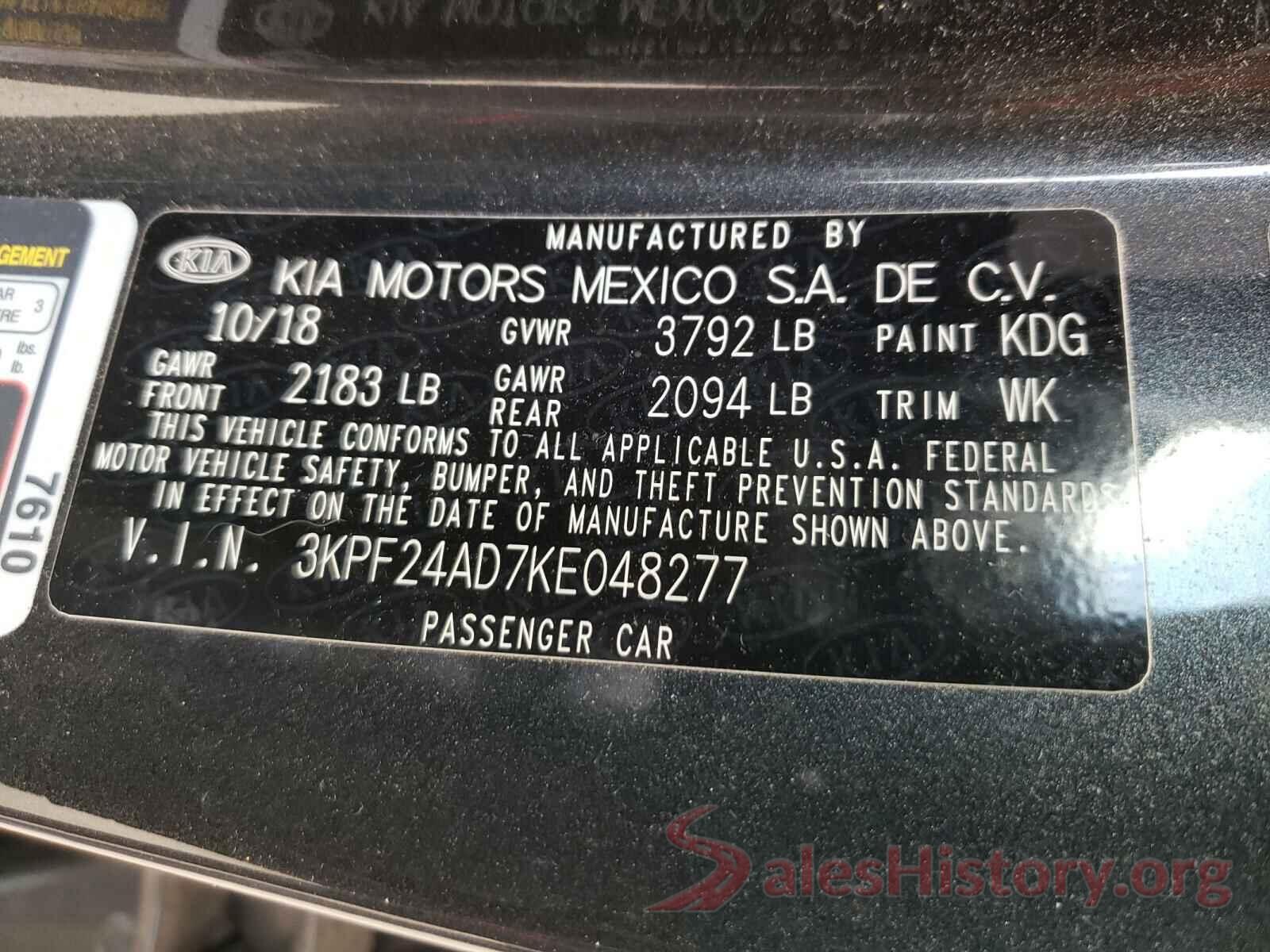 3KPF24AD7KE048277 2019 KIA FORTE