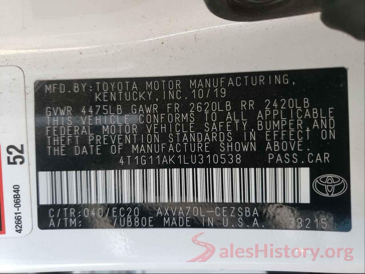 4T1G11AK1LU310538 2020 TOYOTA CAMRY