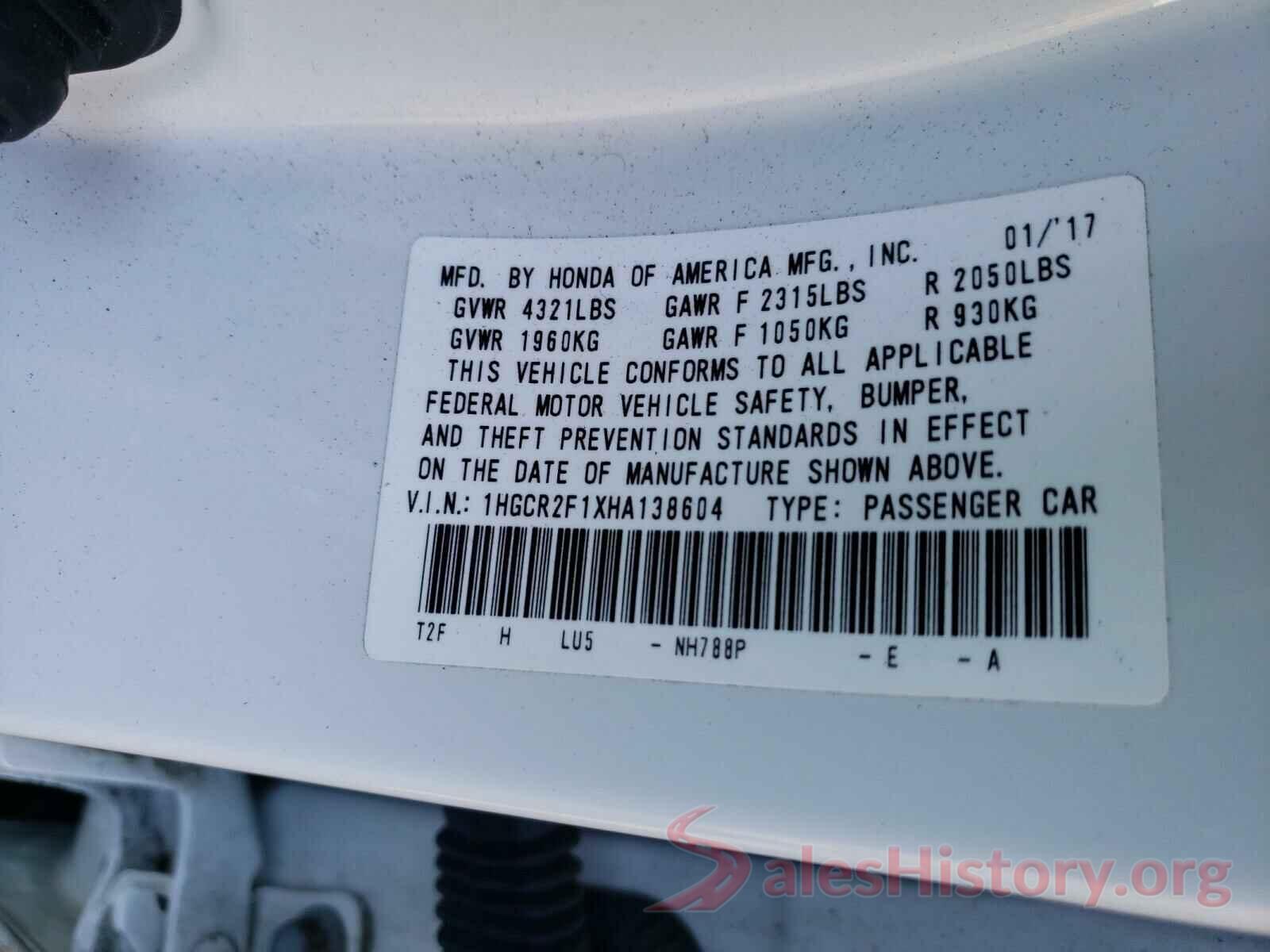 1HGCR2F1XHA138604 2017 HONDA ACCORD