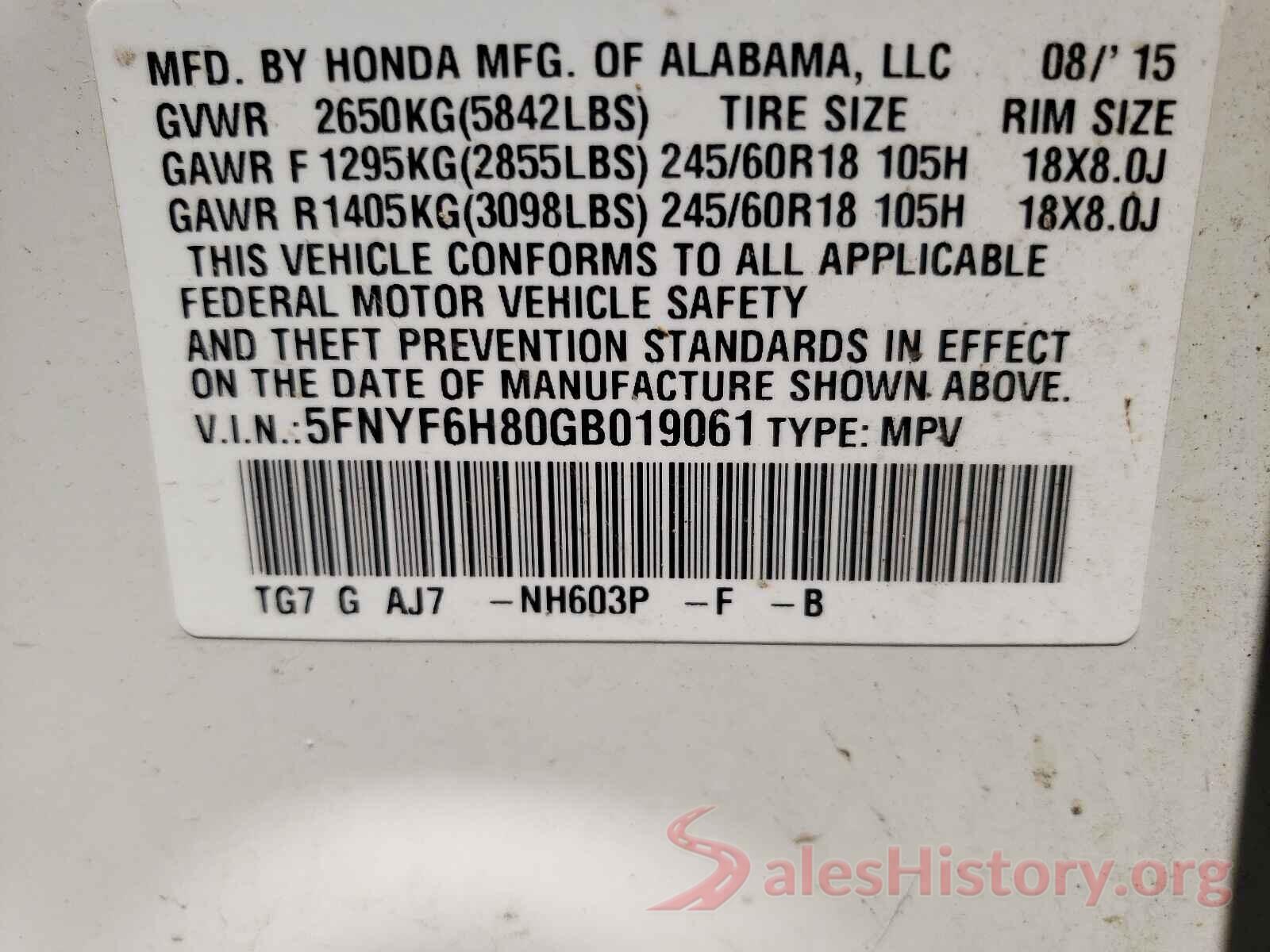 5FNYF6H80GB019061 2016 HONDA PILOT