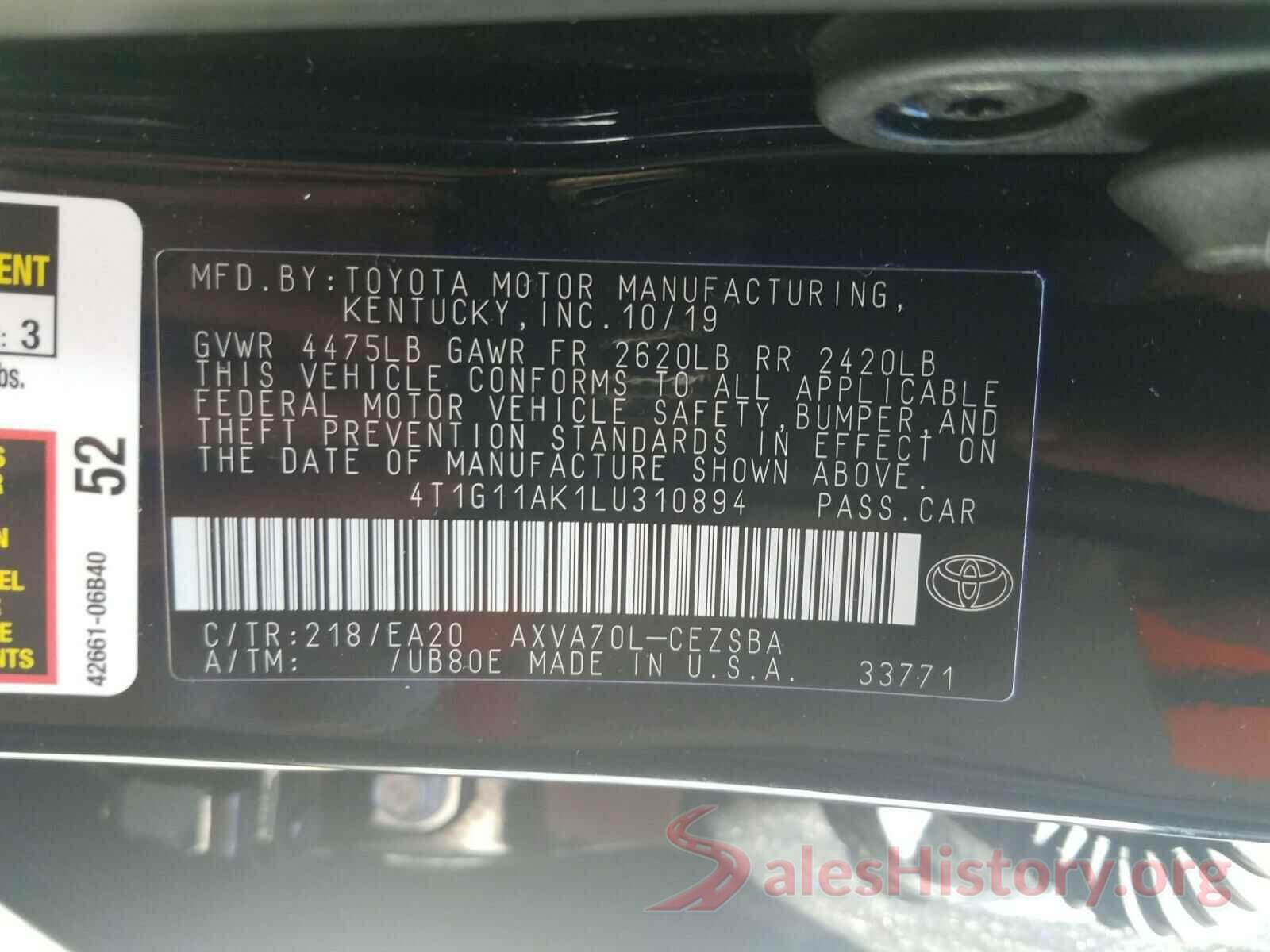 4T1G11AK1LU310894 2020 TOYOTA CAMRY