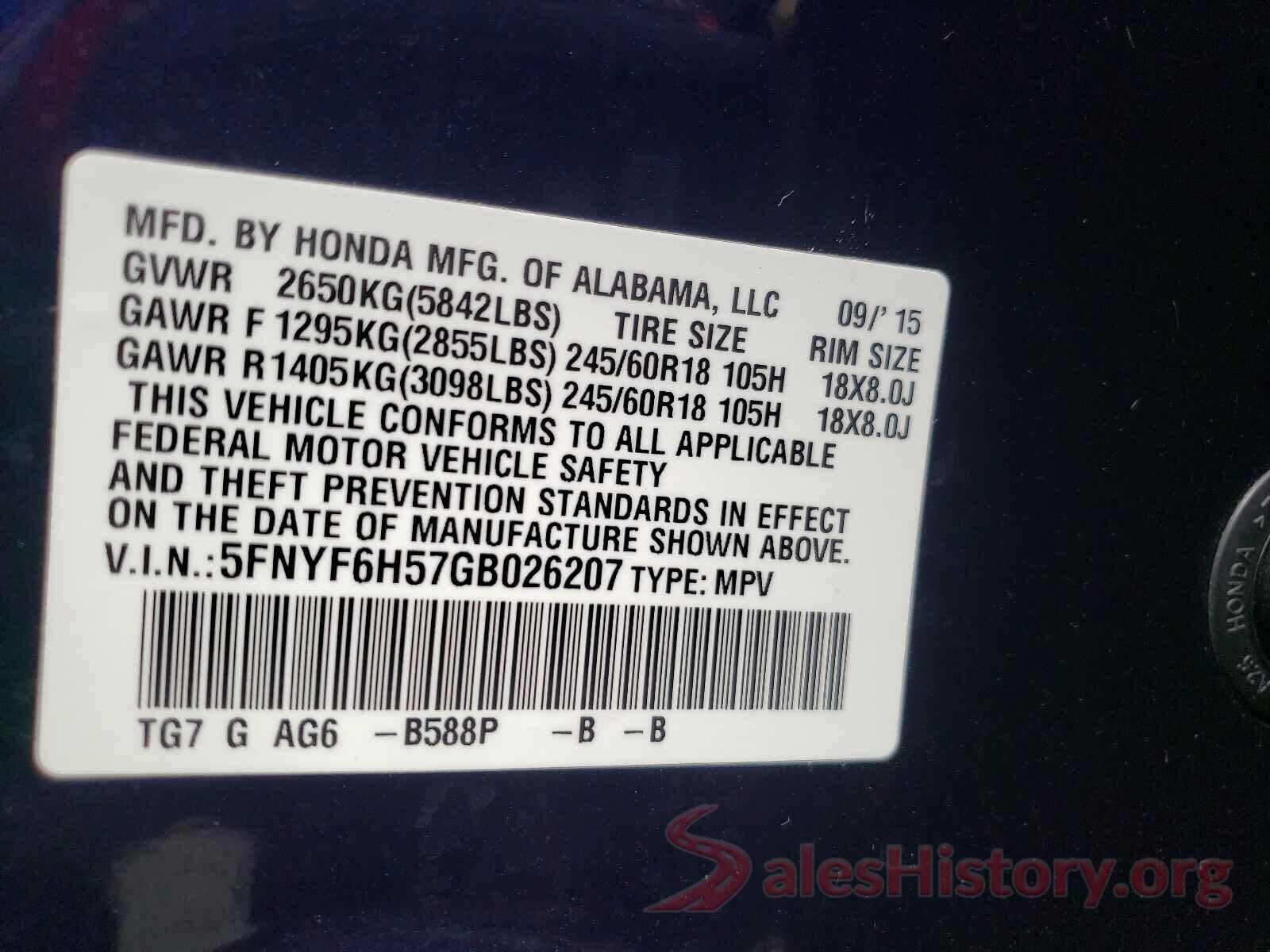 5FNYF6H57GB026207 2016 HONDA PILOT