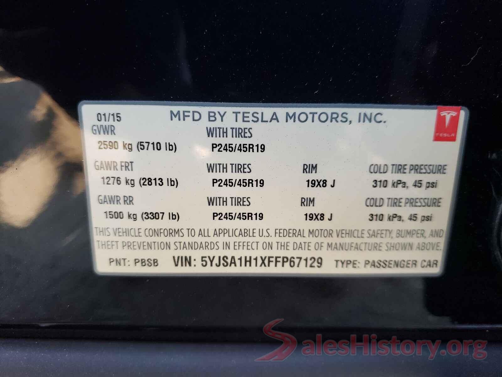 5YJSA1H1XFFP67129 2015 TESLA MODEL S