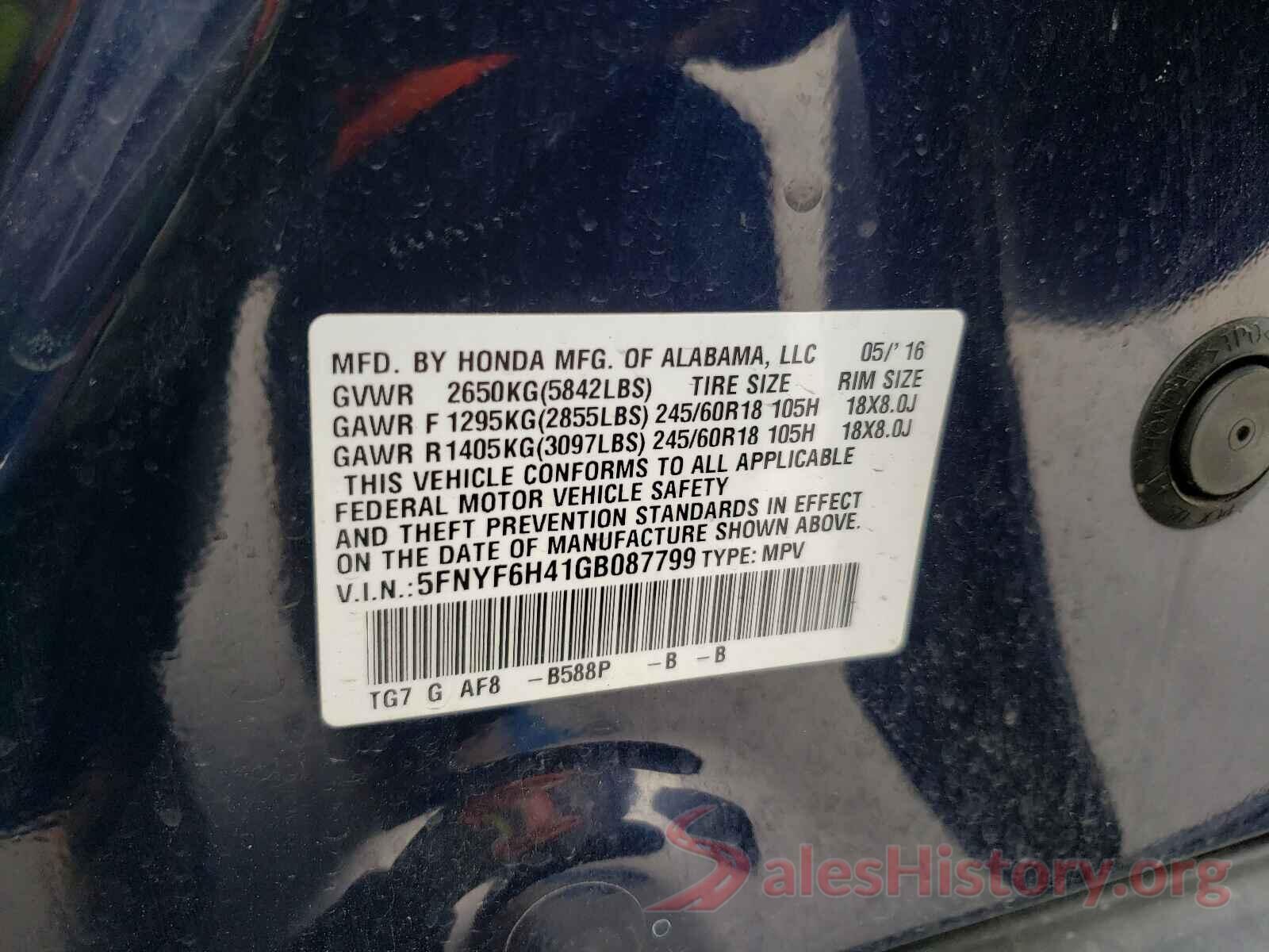 5FNYF6H41GB087799 2016 HONDA PILOT