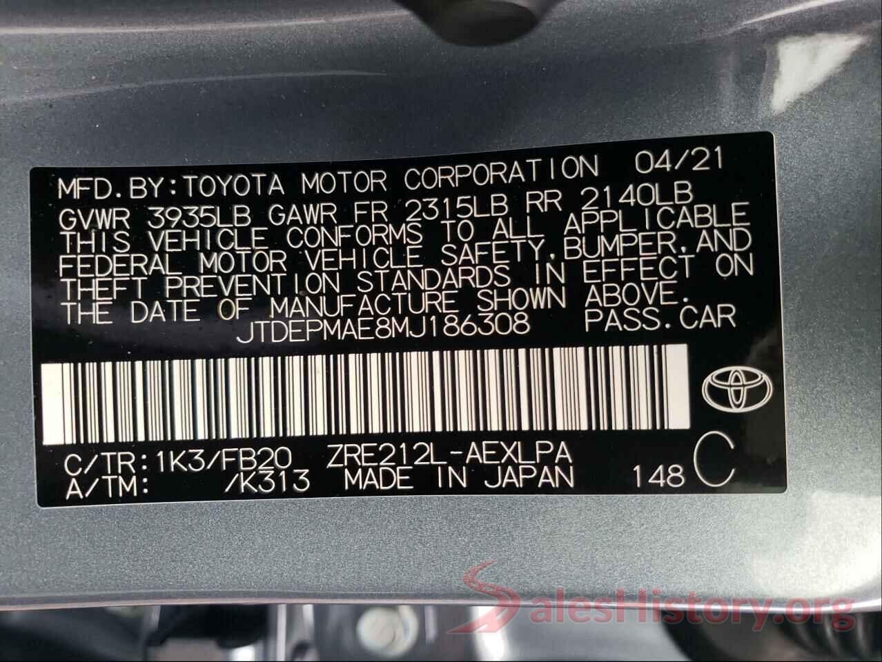 JTDEPMAE8MJ186308 2021 TOYOTA COROLLA