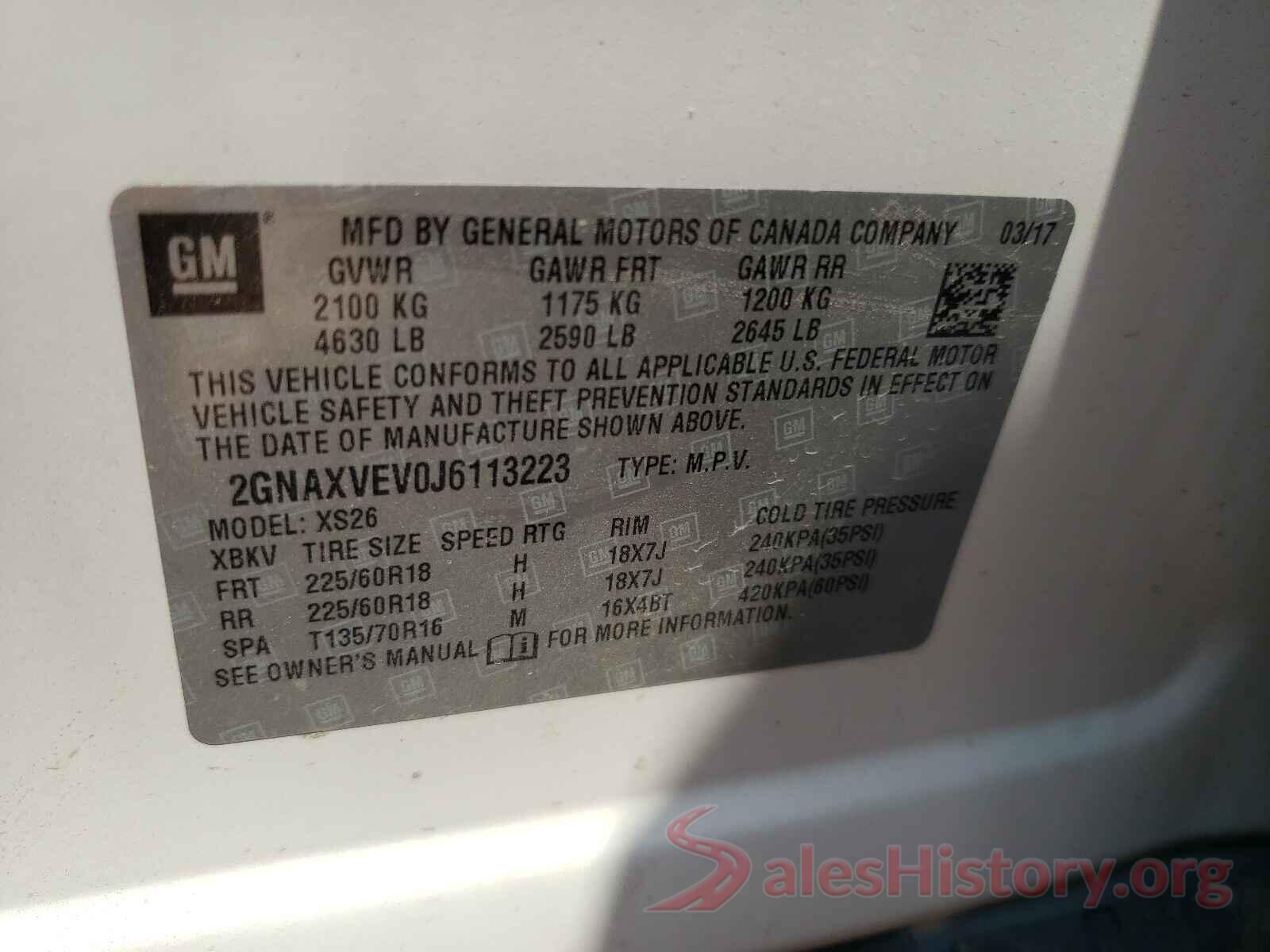 2GNAXVEV0J6113223 2018 CHEVROLET EQUINOX