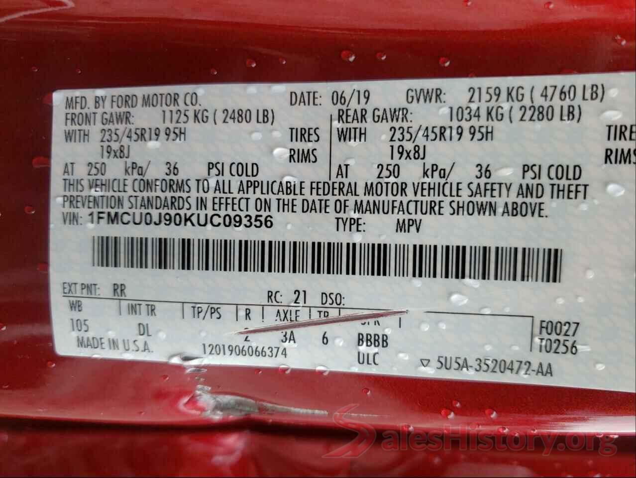 1FMCU0J90KUC09356 2019 FORD ESCAPE