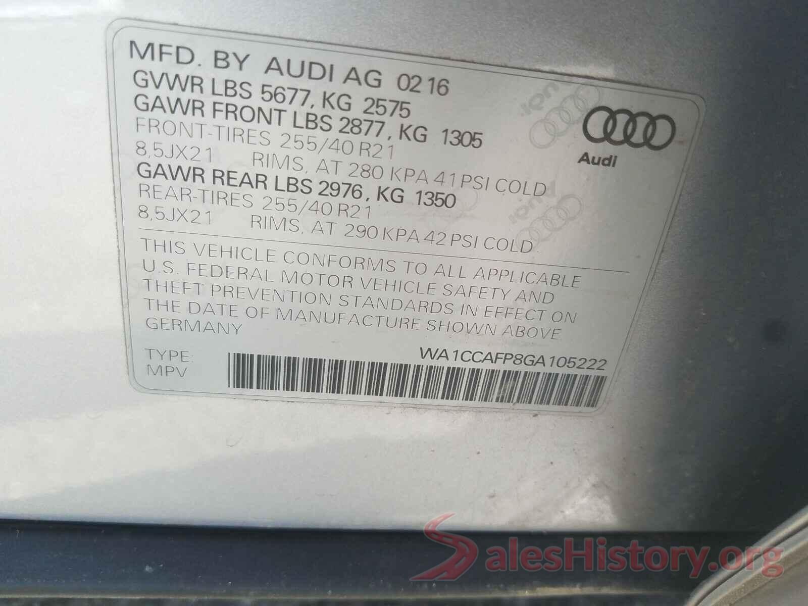 WA1CCAFP8GA105222 2016 AUDI SQ5