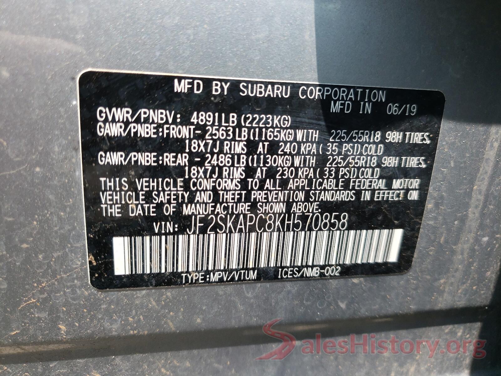 JF2SKAPC8KH570858 2019 SUBARU FORESTER