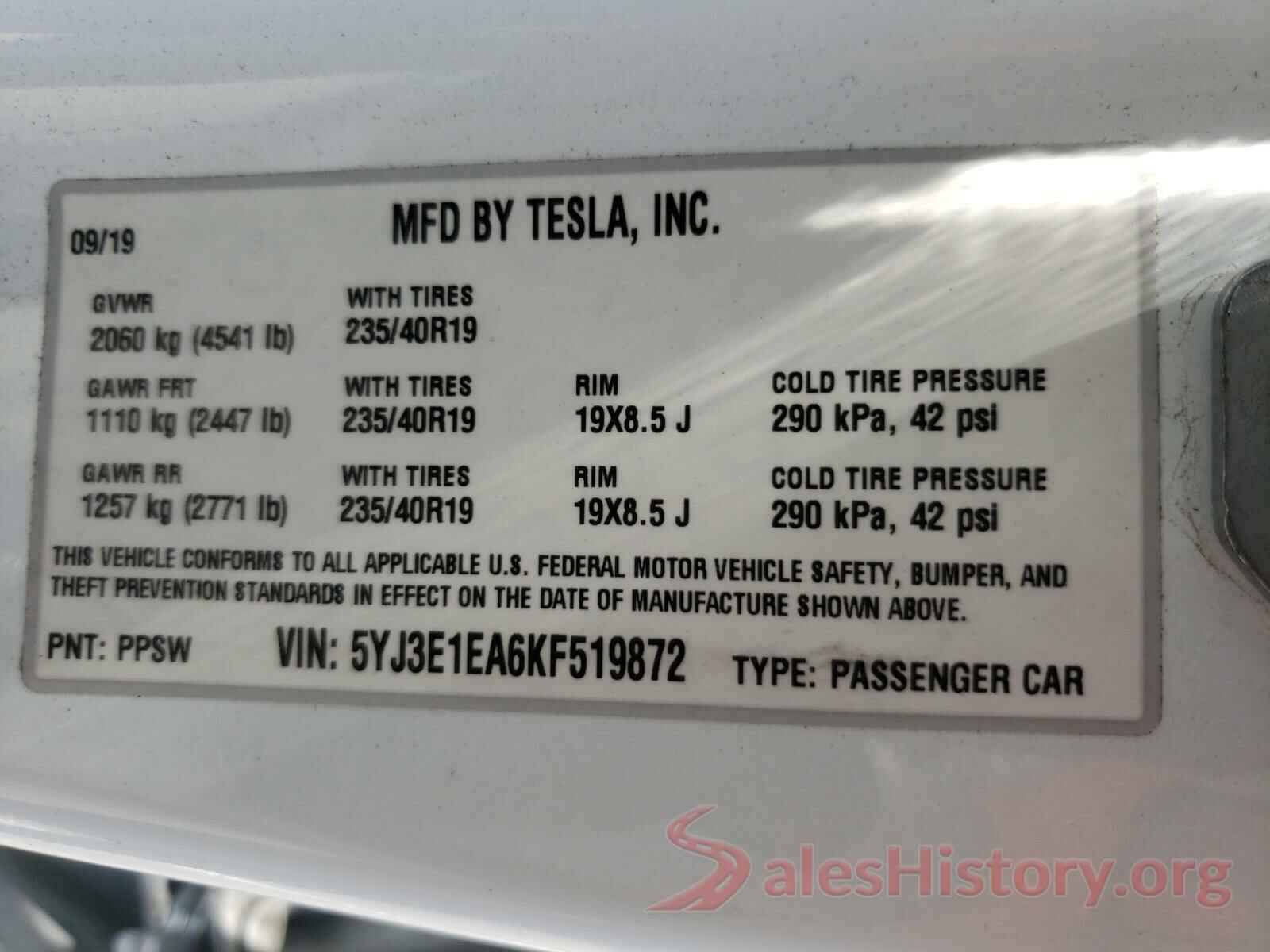 5YJ3E1EA6KF519872 2019 TESLA MODEL 3