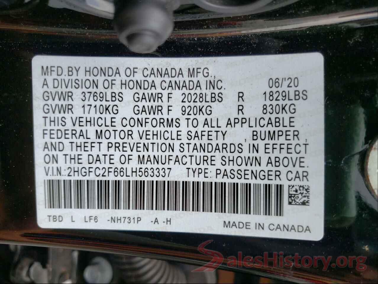 2HGFC2F66LH563337 2020 HONDA CIVIC