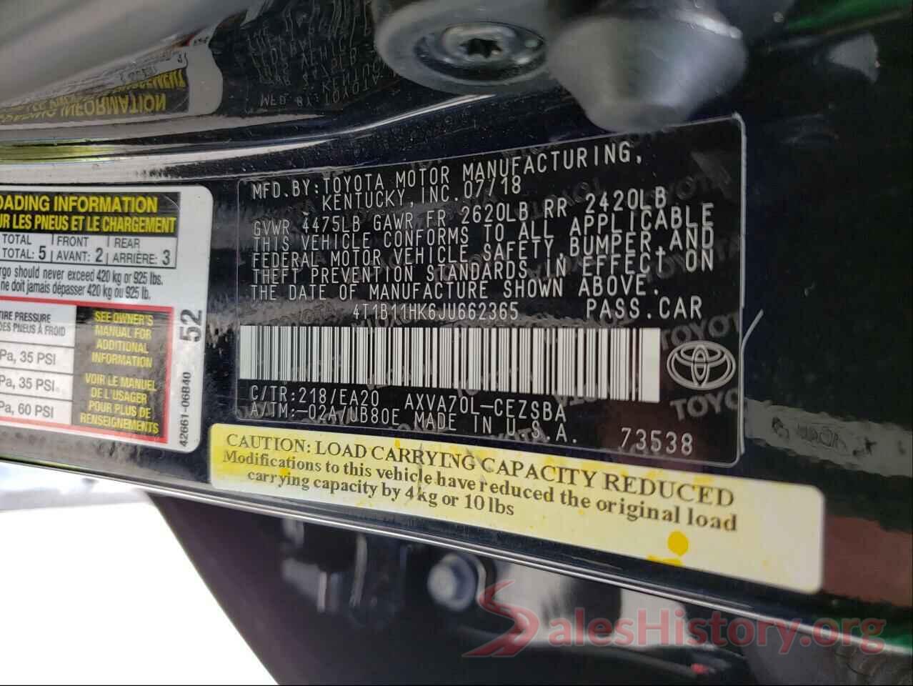 4T1B11HK6JU662365 2018 TOYOTA CAMRY