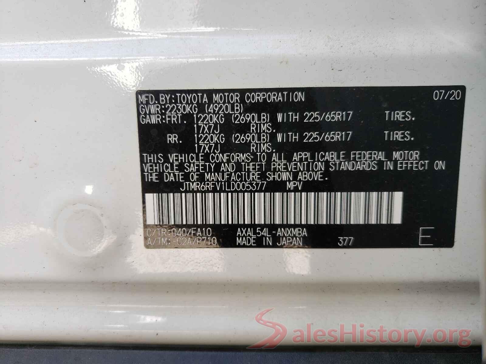 JTMR6RFV1LD005377 2020 TOYOTA RAV4