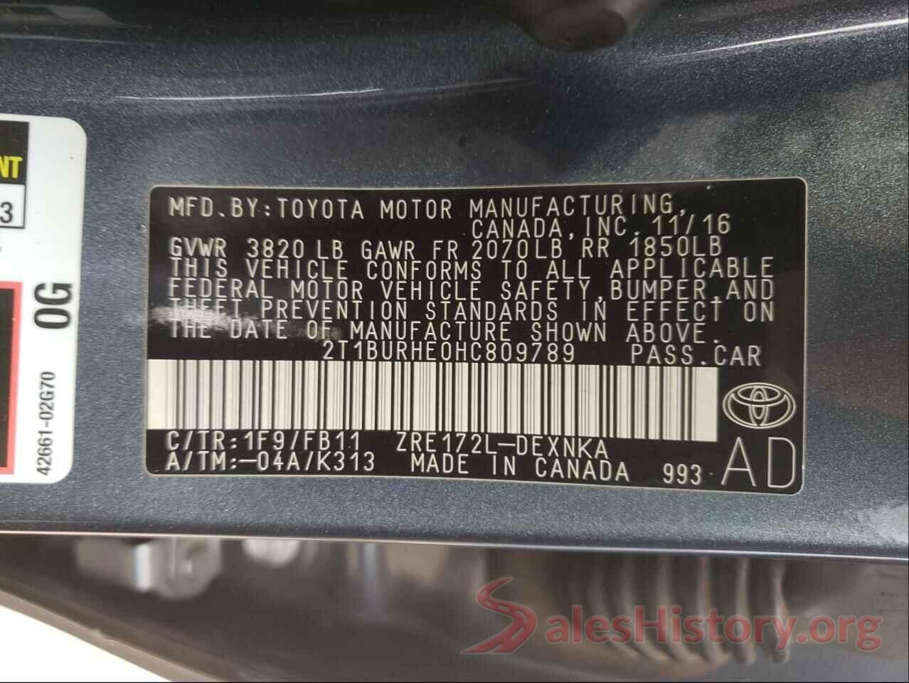 2T1BURHE0HC809789 2017 TOYOTA COROLLA