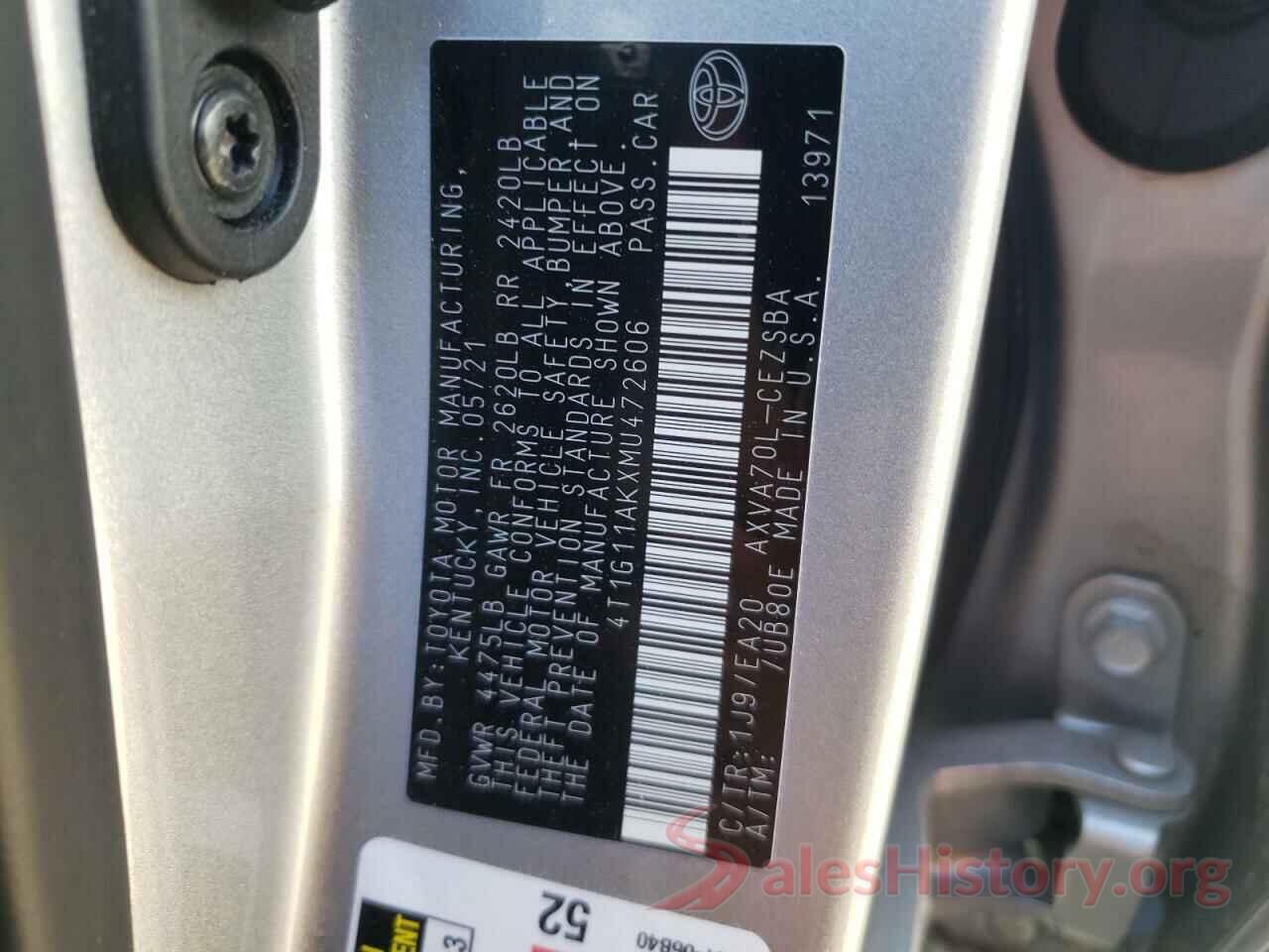 4T1G11AKXMU472606 2021 TOYOTA CAMRY