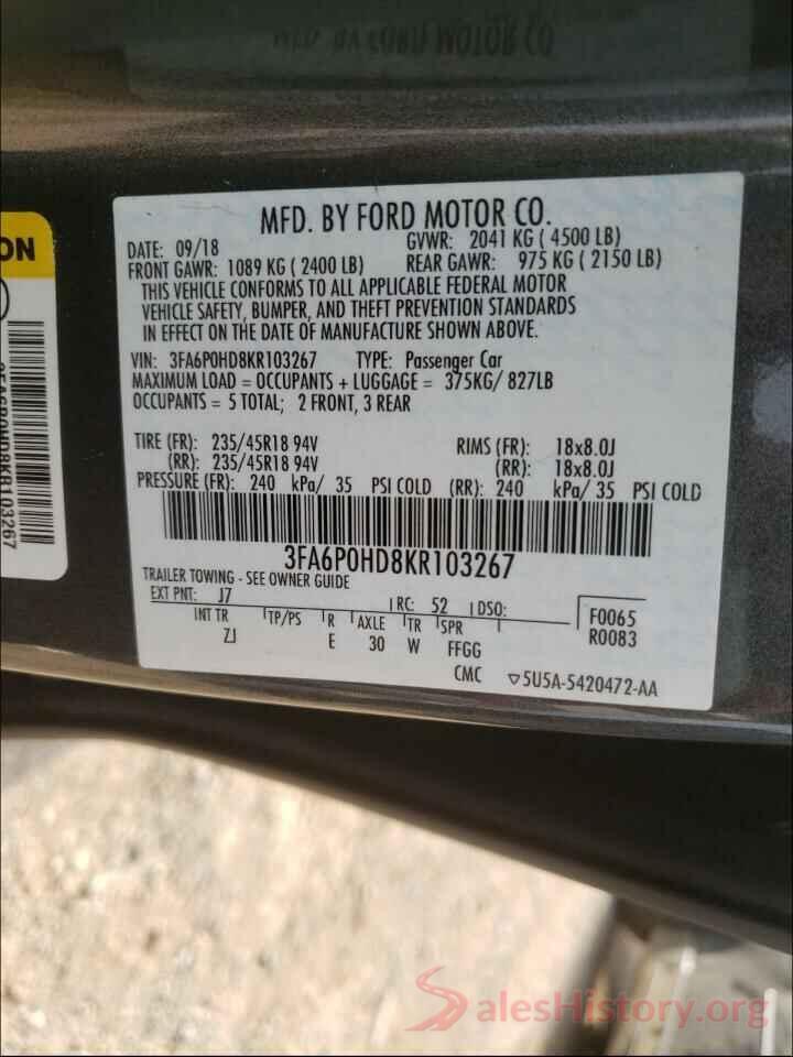 3FA6P0HD8KR103267 2019 FORD FUSION