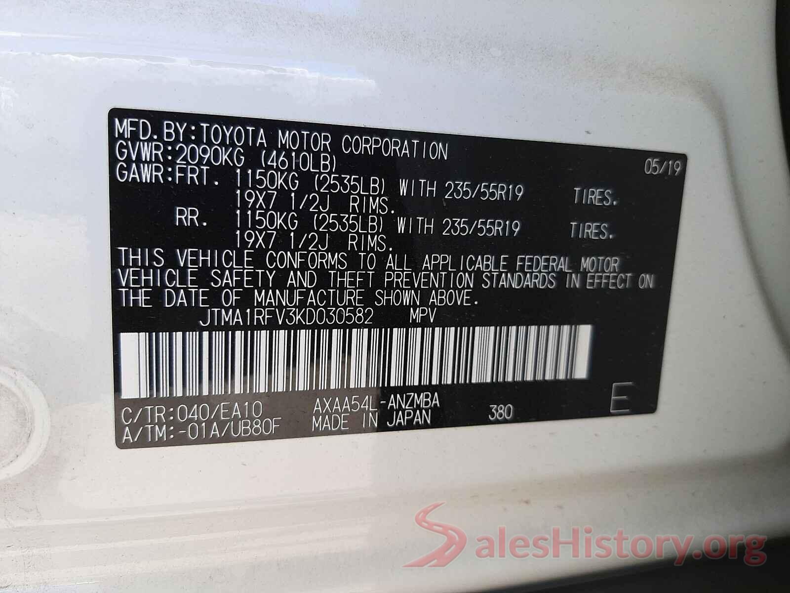 JTMA1RFV3KD030582 2019 TOYOTA RAV4