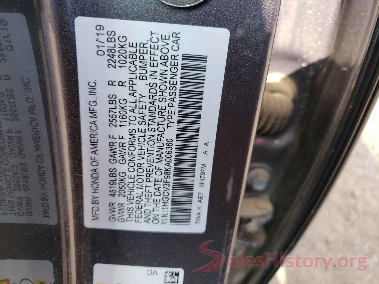 1HGCV3F98KA006360 2019 HONDA ACCORD