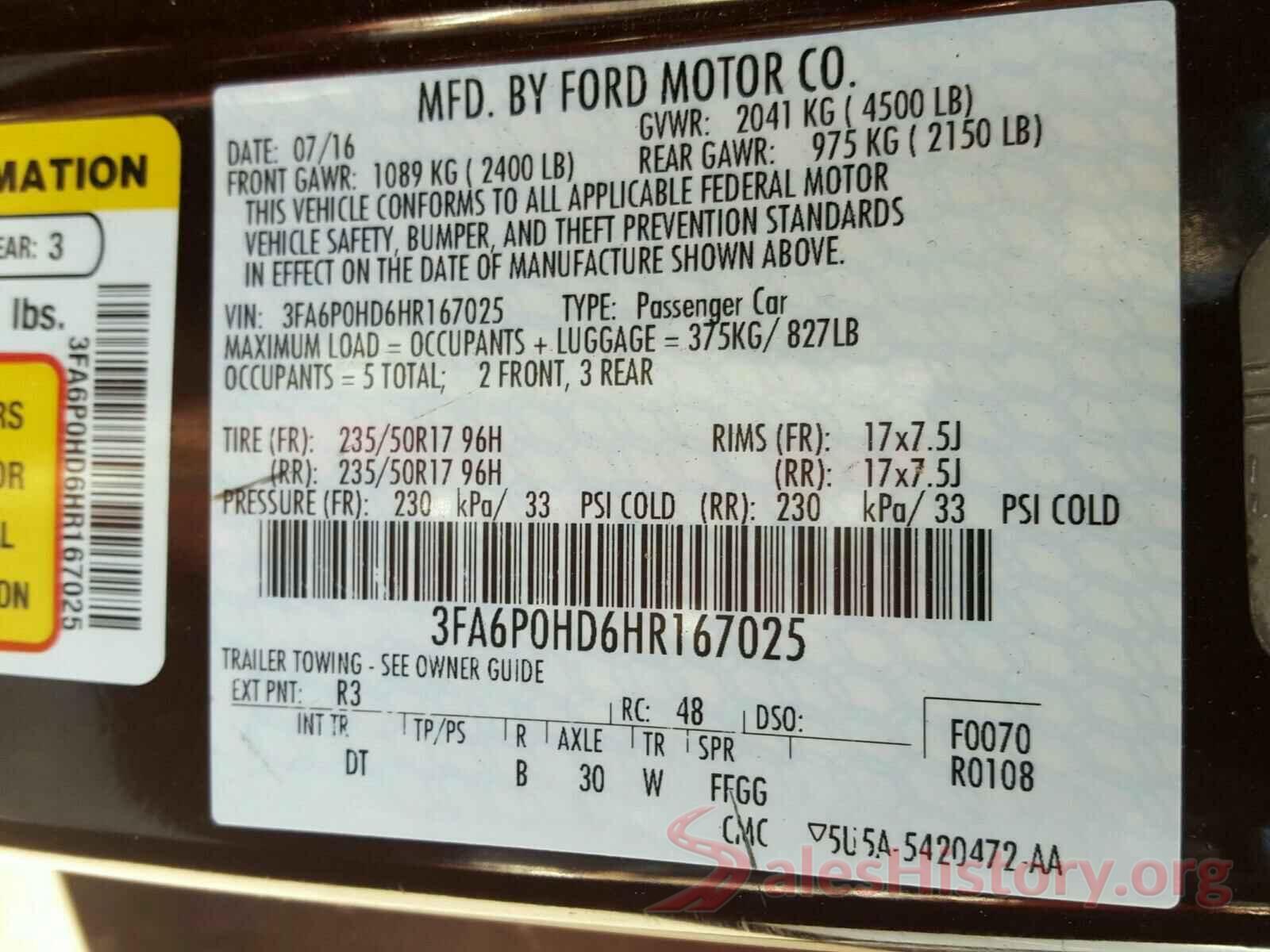 3FA6P0HD6HR167025 2017 FORD FUSION