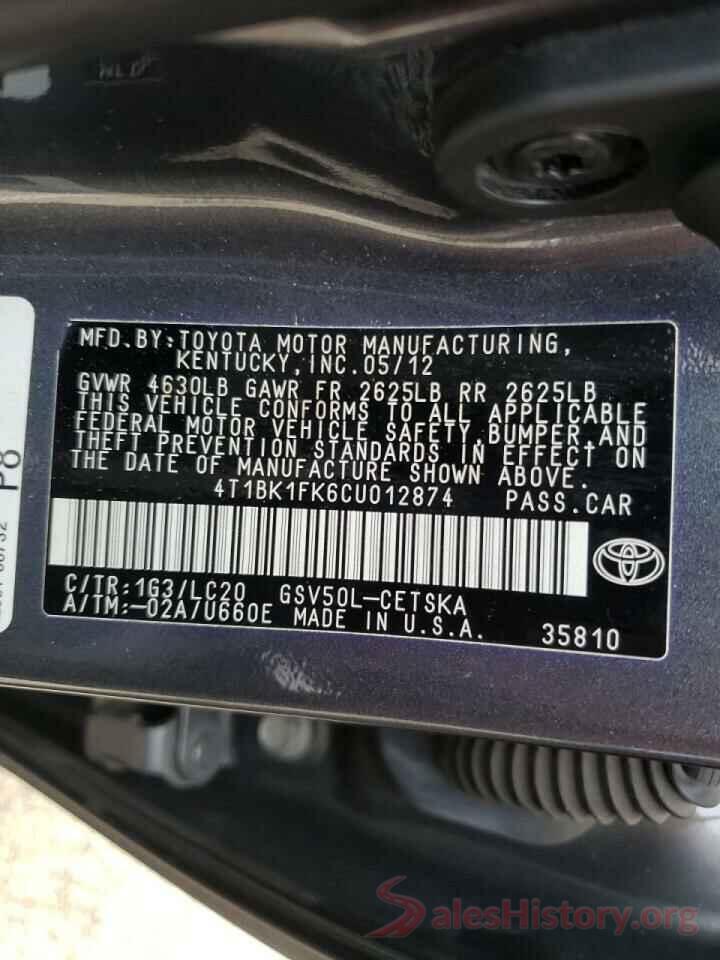 4T1BK1FK6CU012874 2012 TOYOTA CAMRY